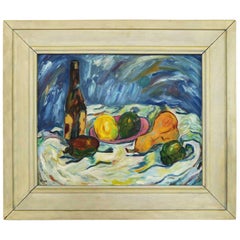 Nature morte du milieu du siècle avec fruits et bouteille de vin par Lee Tonar, 1959