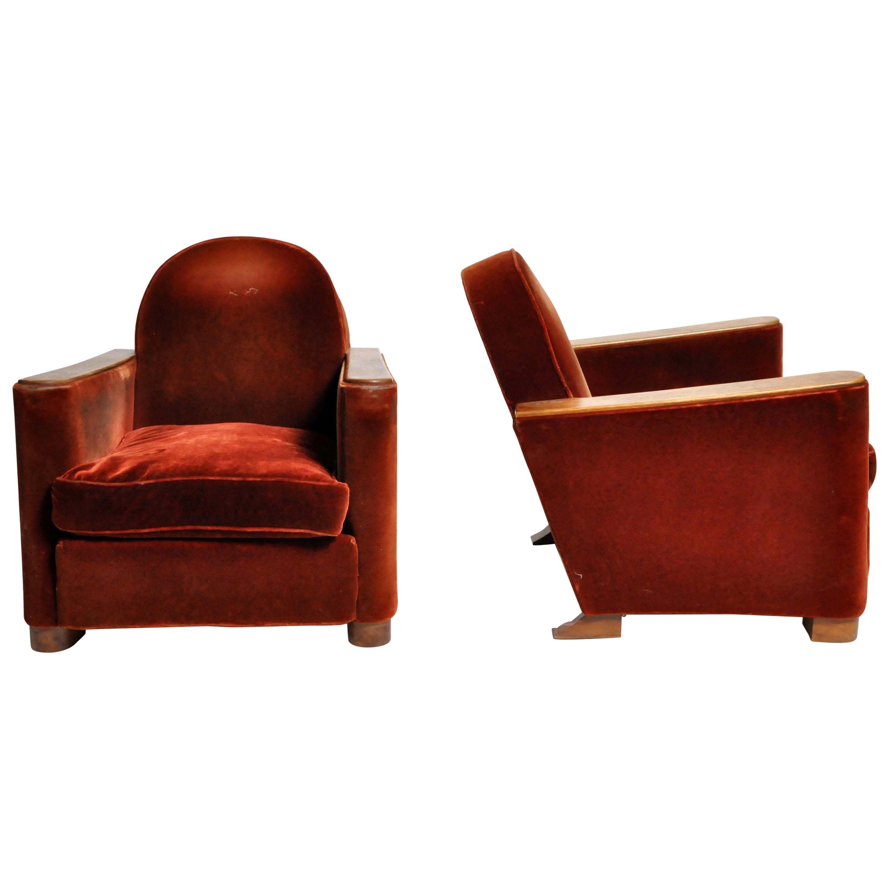 Pair of Art Deco "Streamline" Chairs with Hardwood Arms and Legs