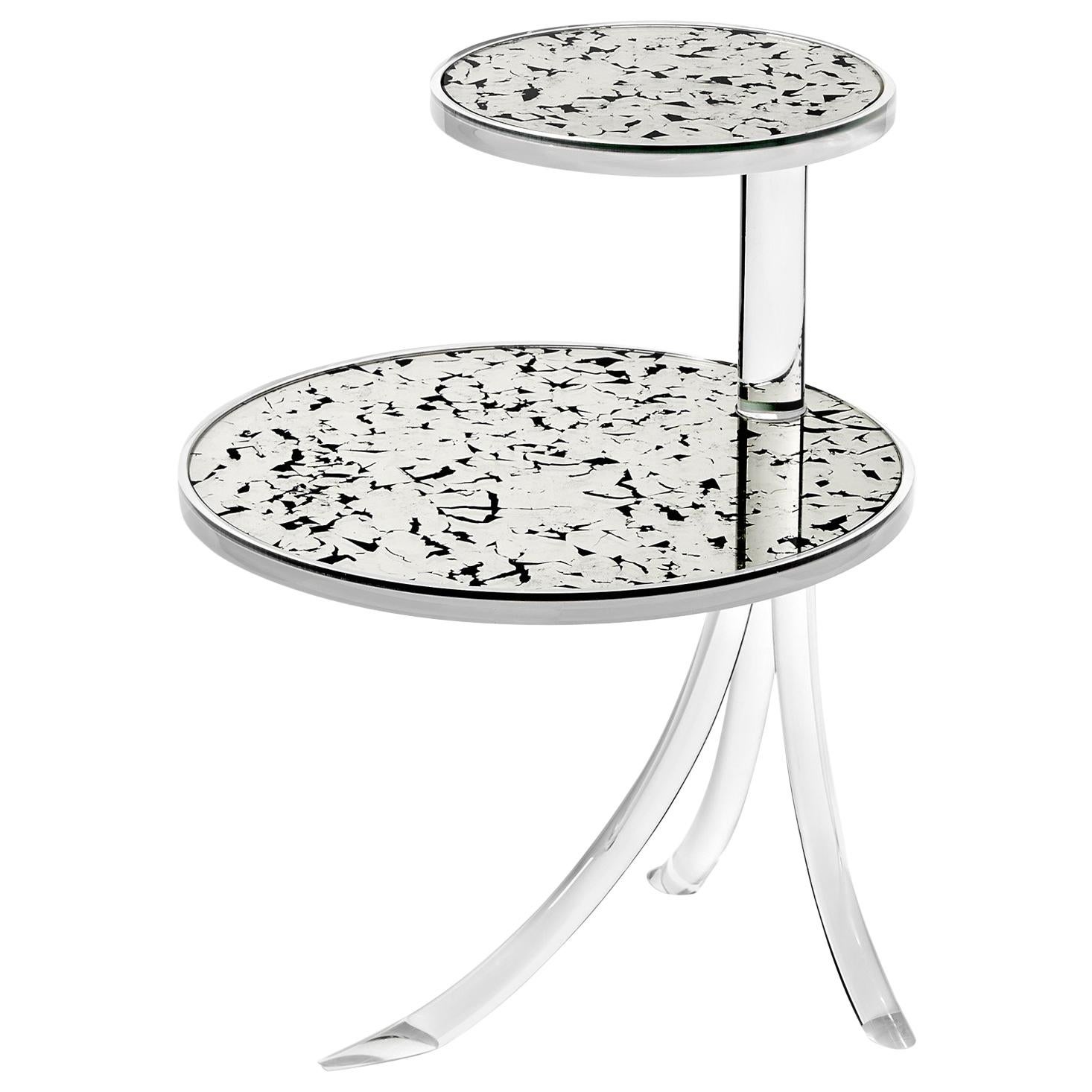 Archer Round three leg Acrylic Table with two glass shelves  For Sale