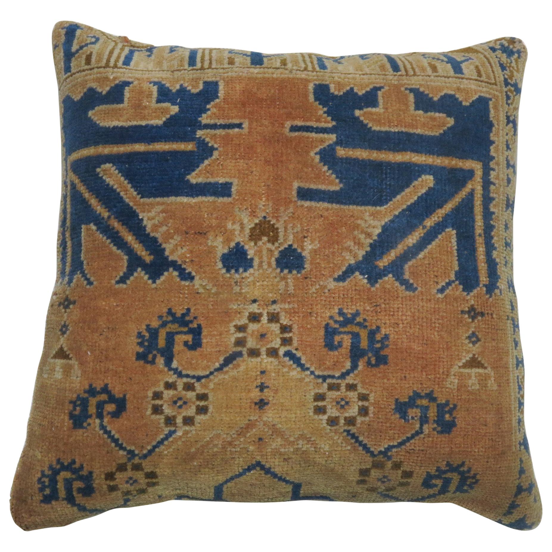 Vintage Turkish Blue and Peach Rug Pillow