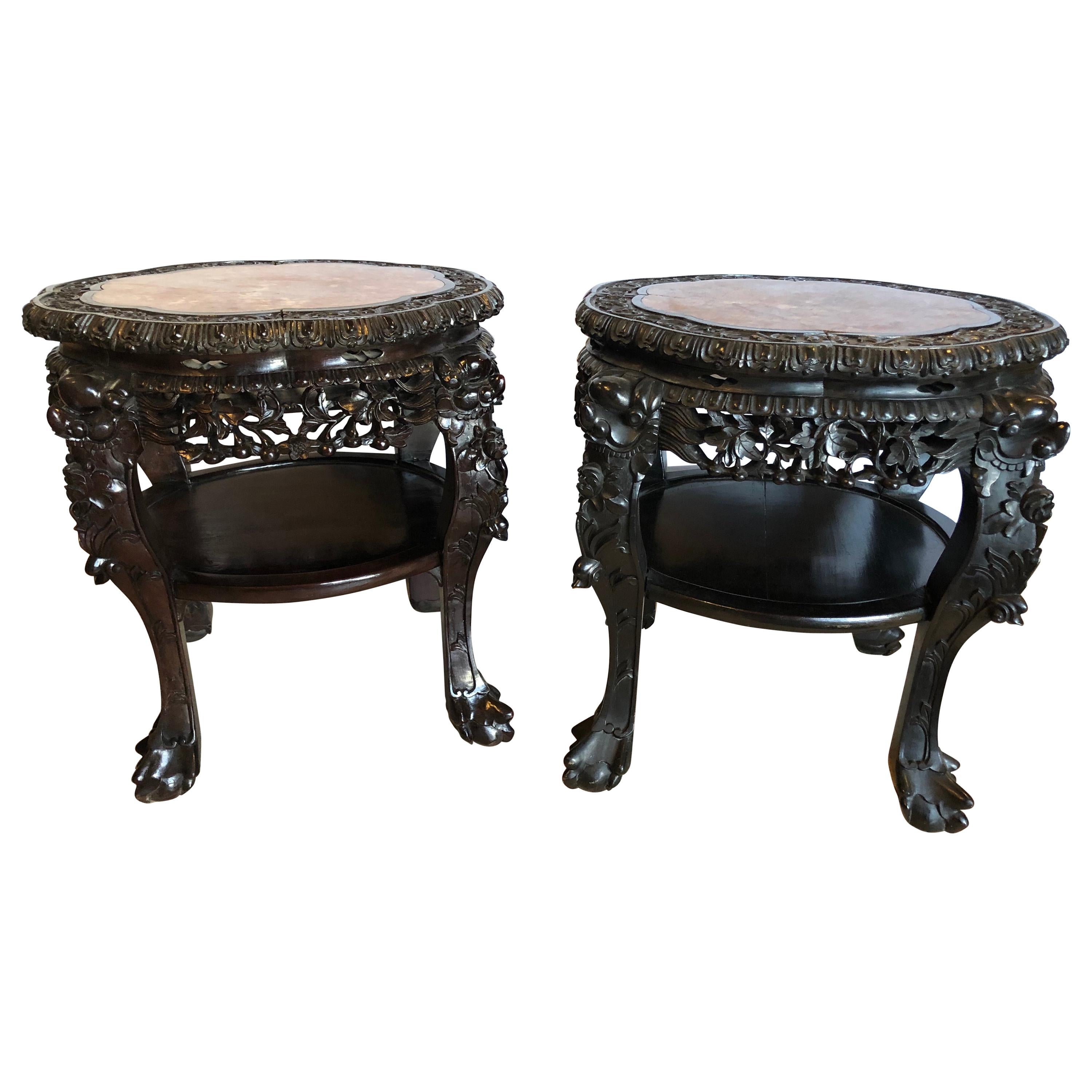 Pair of Chinese 19 Century Teak-Wood Marble Top Stands or End Tables