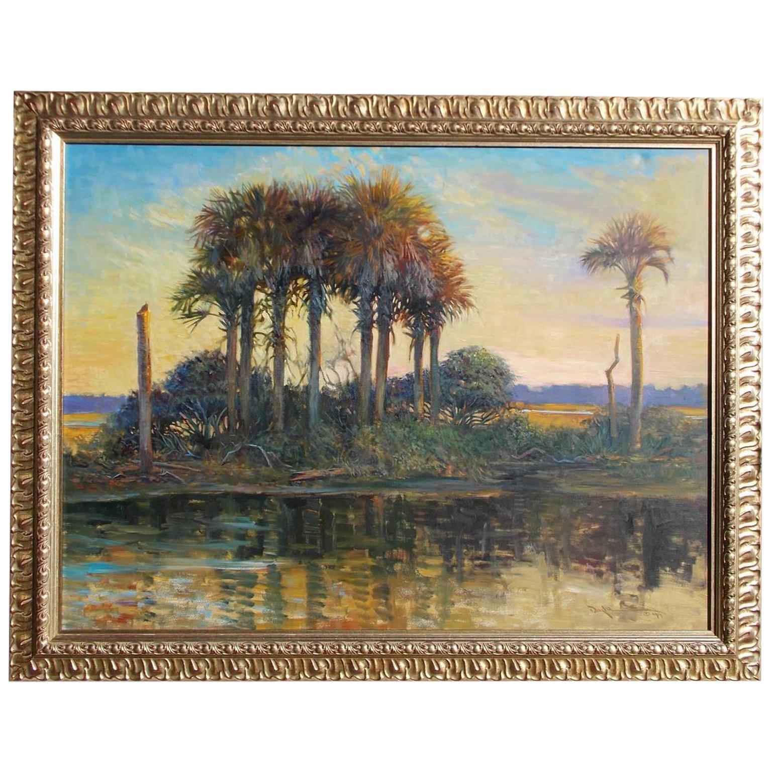 American Oil on Canvas Low Country Island in Original Gilt Frame, John C. Doyle