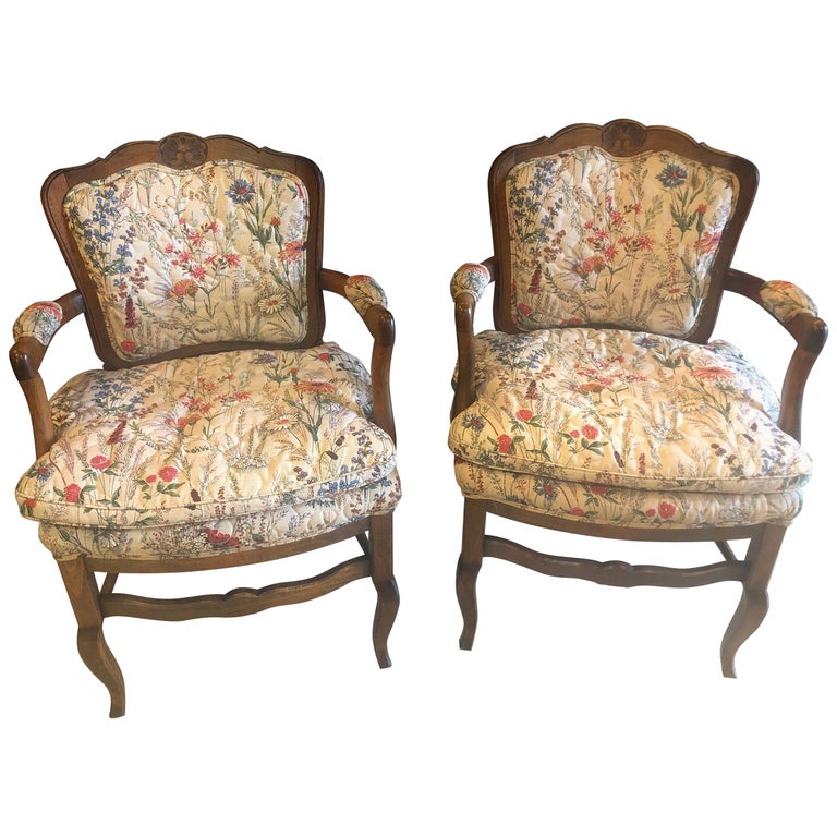 Country French Boudoir Fauteuil Louis XV Chairs in Quilted like Upholstery,  pair at 1stDibs