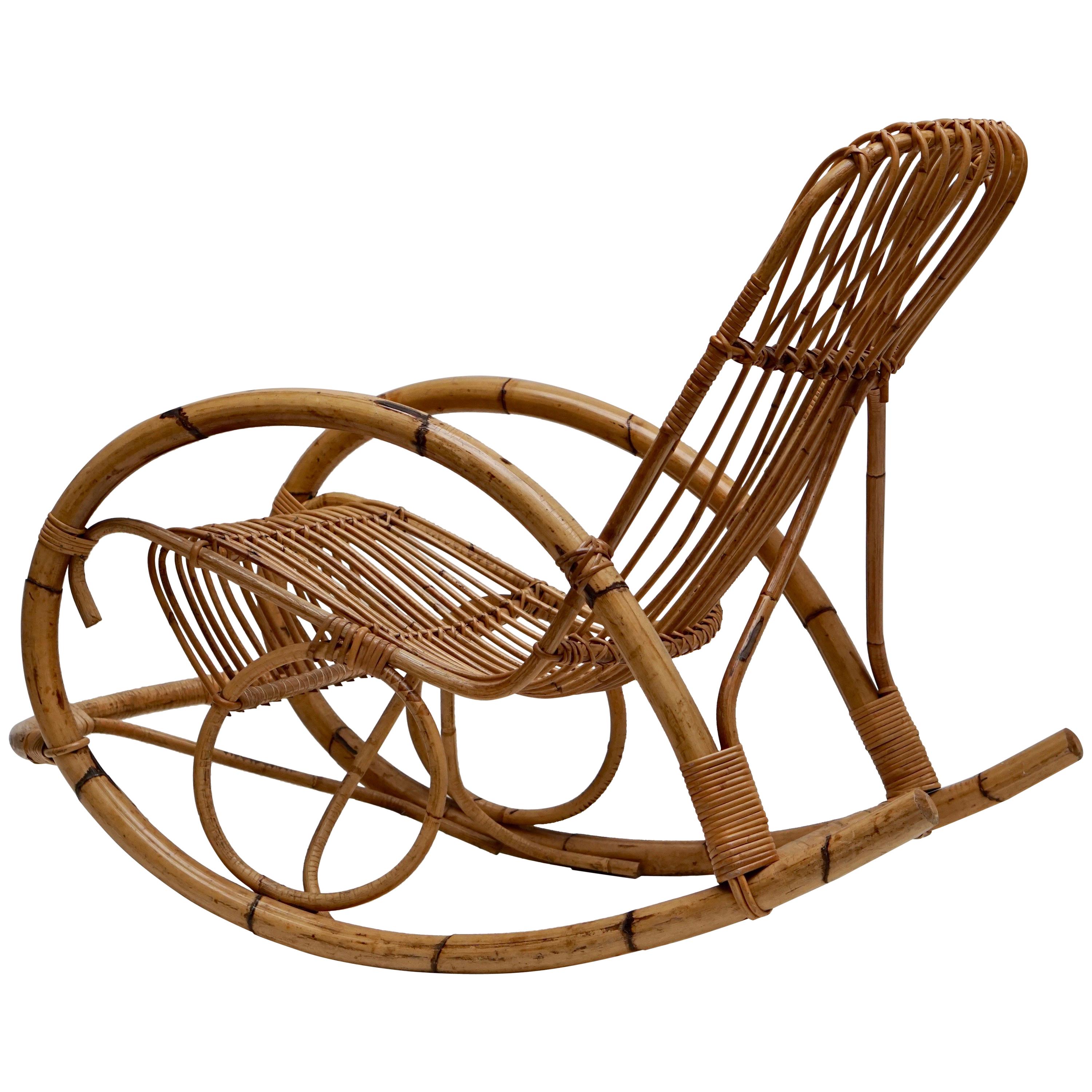 Franco Albini Style Wicker Bamboo Rocking Chair For Sale