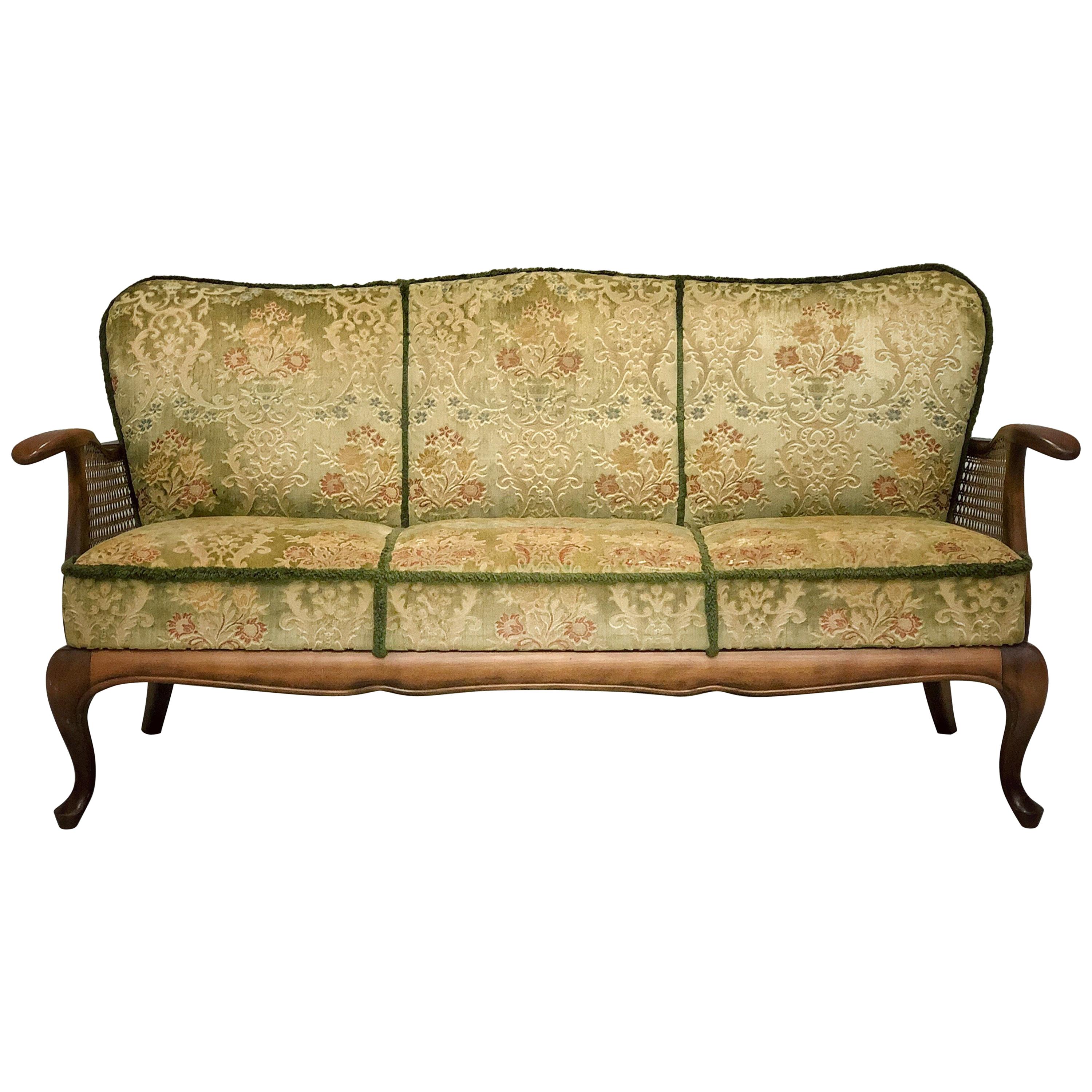 Set Of Three Living Room Velour Caned Sofa Couch and Two Armchairs, Italy 