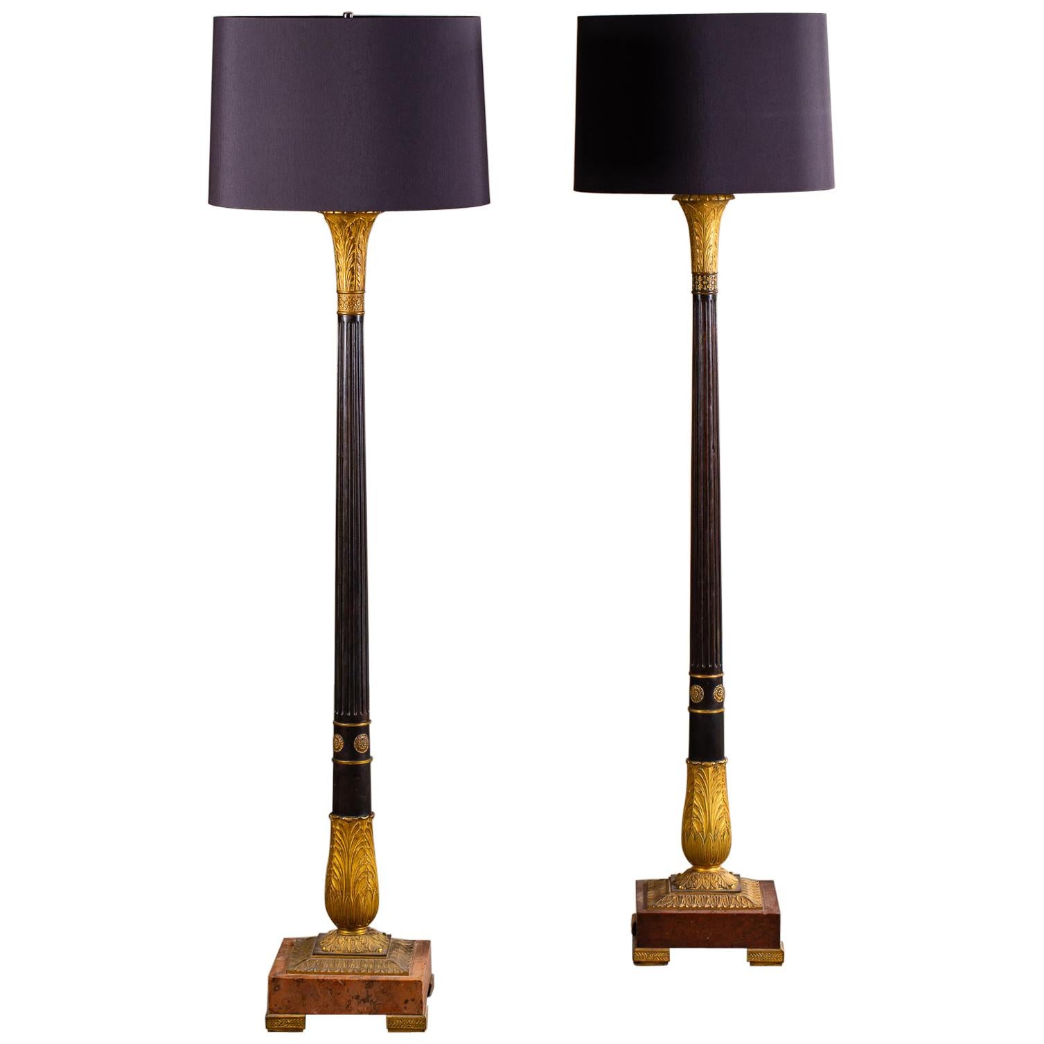 2 Vintage French Neoclassical Bronze Gilt Bronze Column Floor Lamps, circa 1910 For Sale