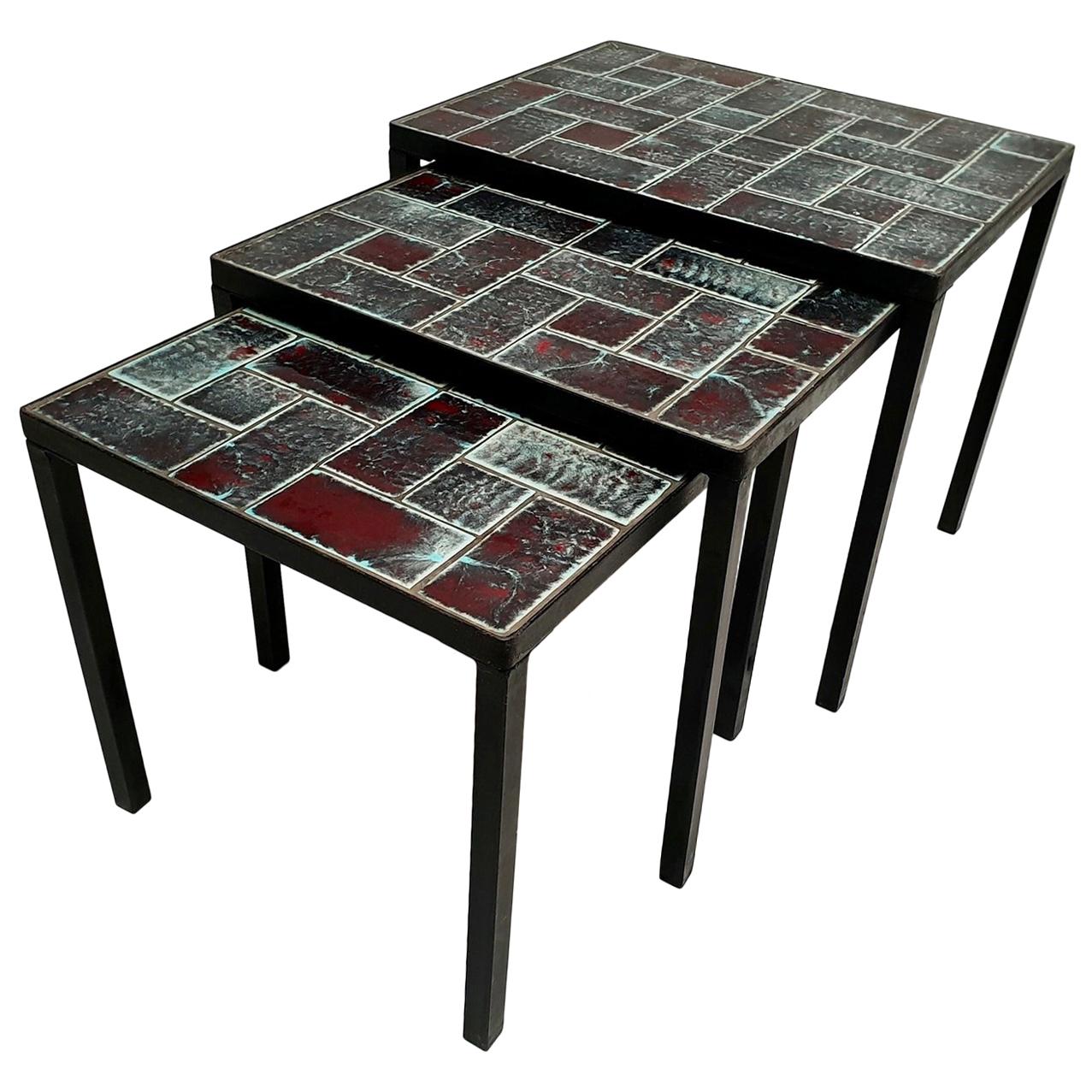 Three Mid-Century Black Wrought Iron Ceramic Tile Stacking Tables circa 1960