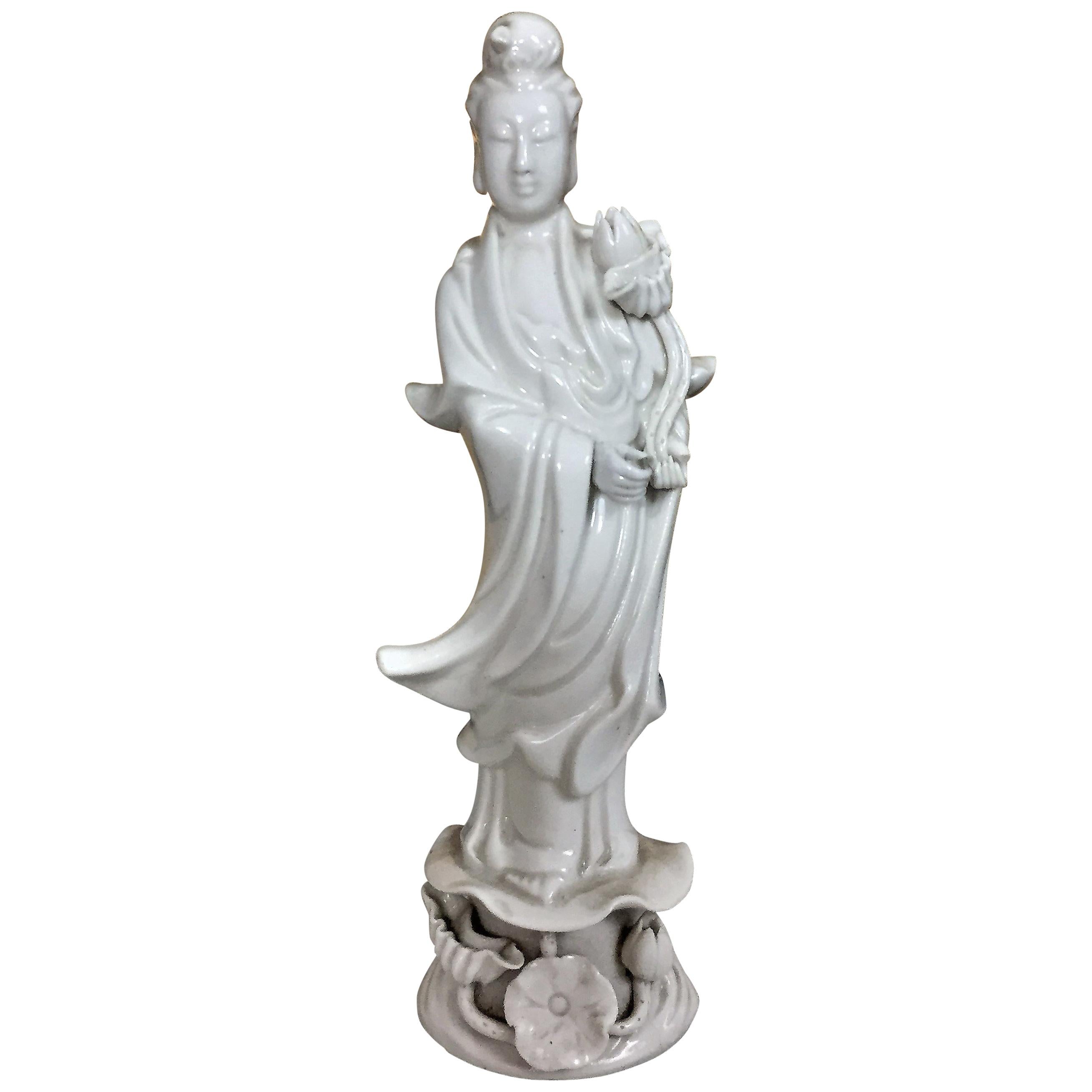 "Blanc de Chine" Guanyin with Lotus Flower Porcelain, circa 1900 For Sale