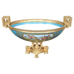 Antique Sevres Style Parcel-Gilt Ormolu Mounted Enameled Blue Celeste Bowl