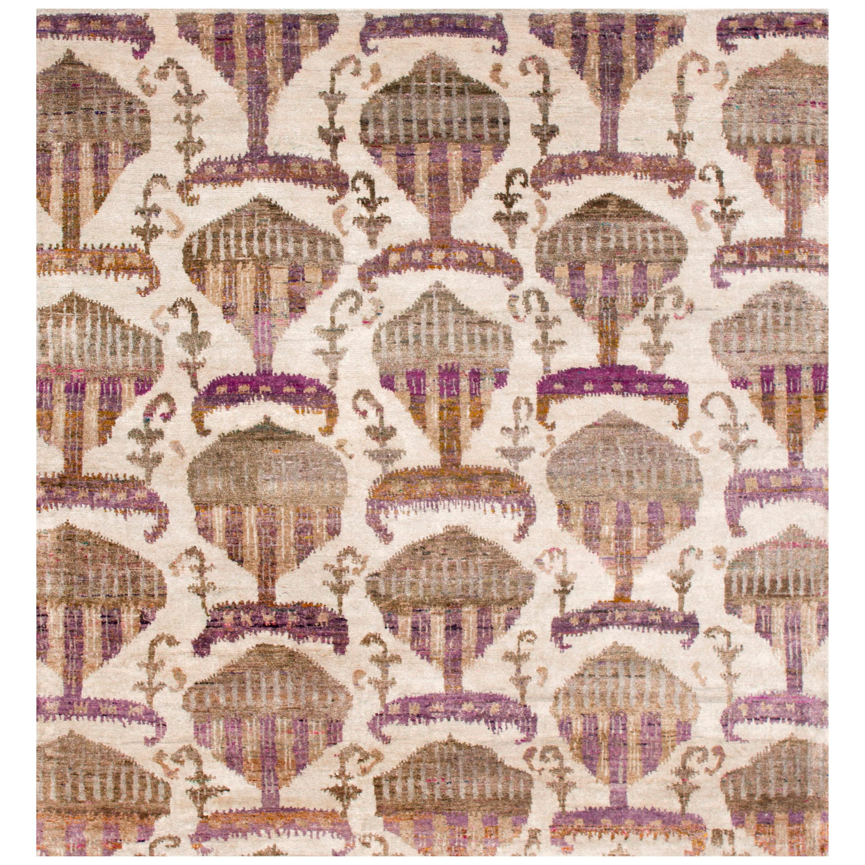 Beige Ivory Purple Rust Hand Knotted Silk Transitional Rug in Stock