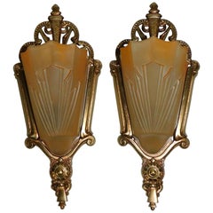 Pair of Art Deco American Wall Sconces circa 1925 with Original Slip Shades