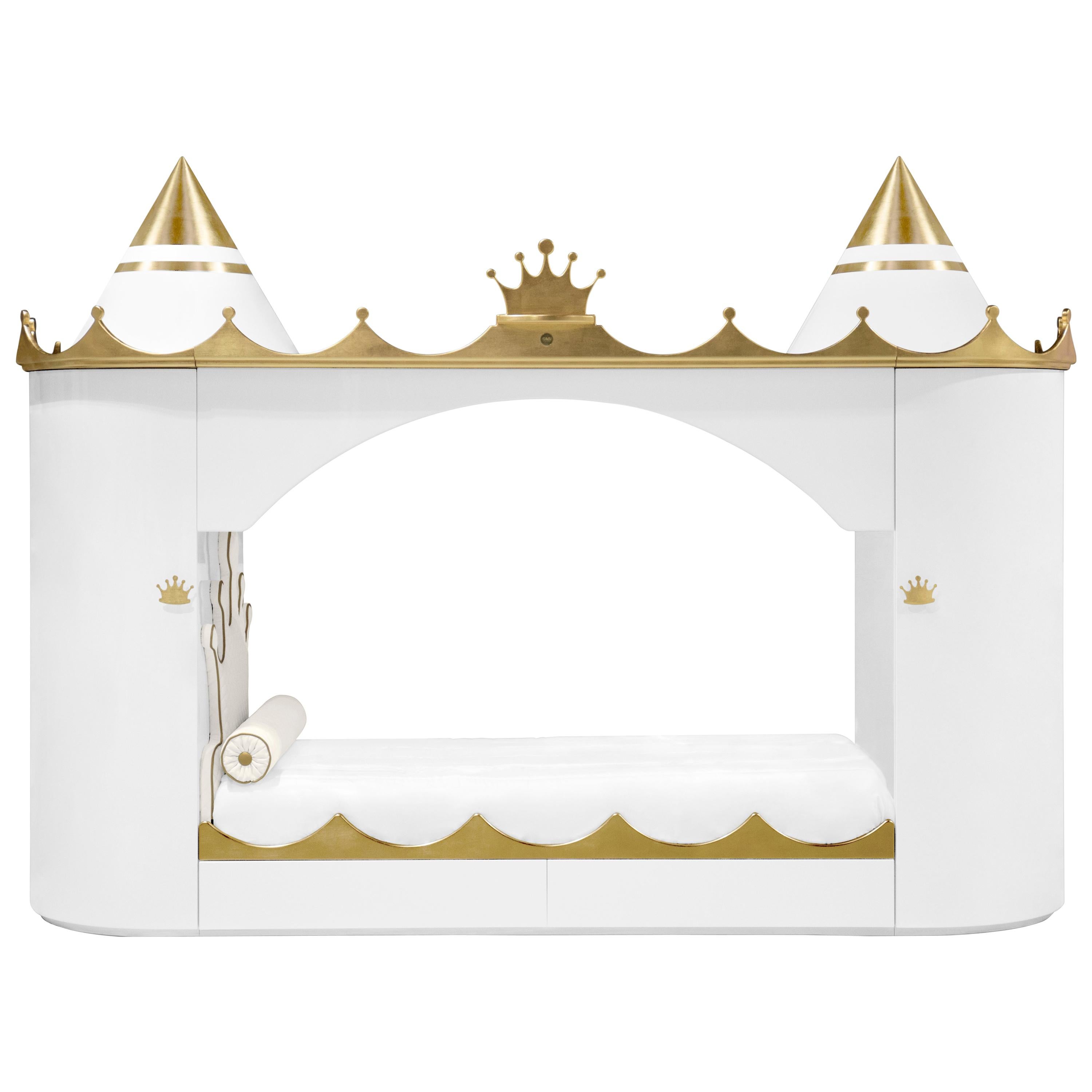 Kings & Queens Castle Bed in White Wood with Gold Details