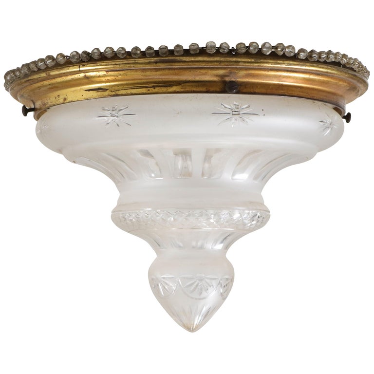 French Art Nouveau Brass Cut Blown Glass Flush Mount Ceiling Light 1900s
