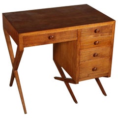 Writing Desk Solid Oak Veneered Wood Vintage Italy 1950s