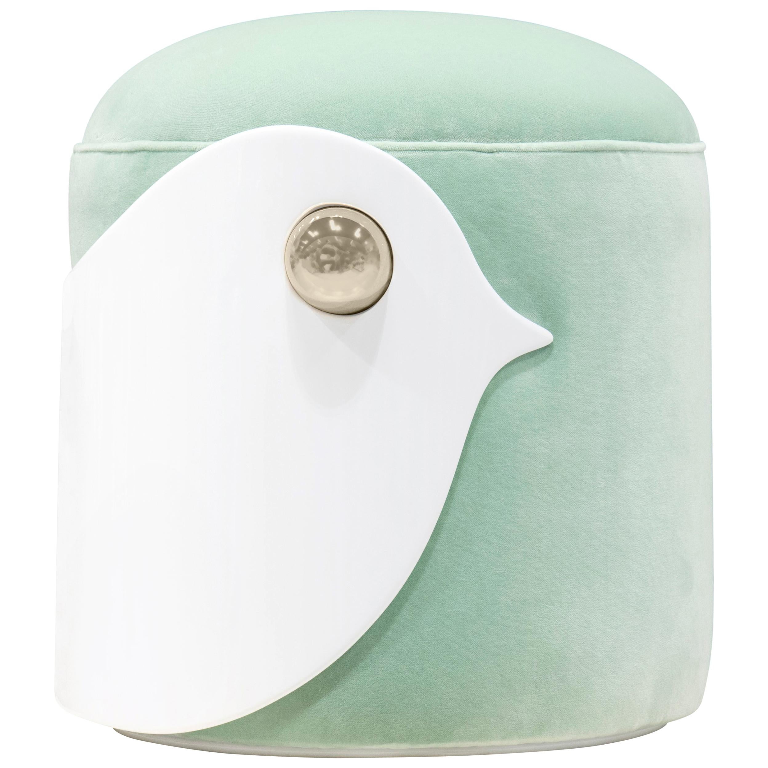 Bird Kids Stool in White Wood and Mint Green Velvet by Circu Magical Furniture For Sale