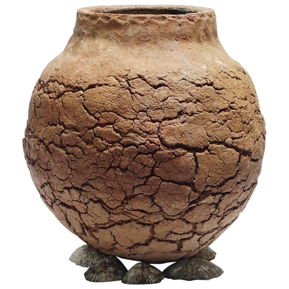 Wood Fired Crackled Clay Vase For Sale