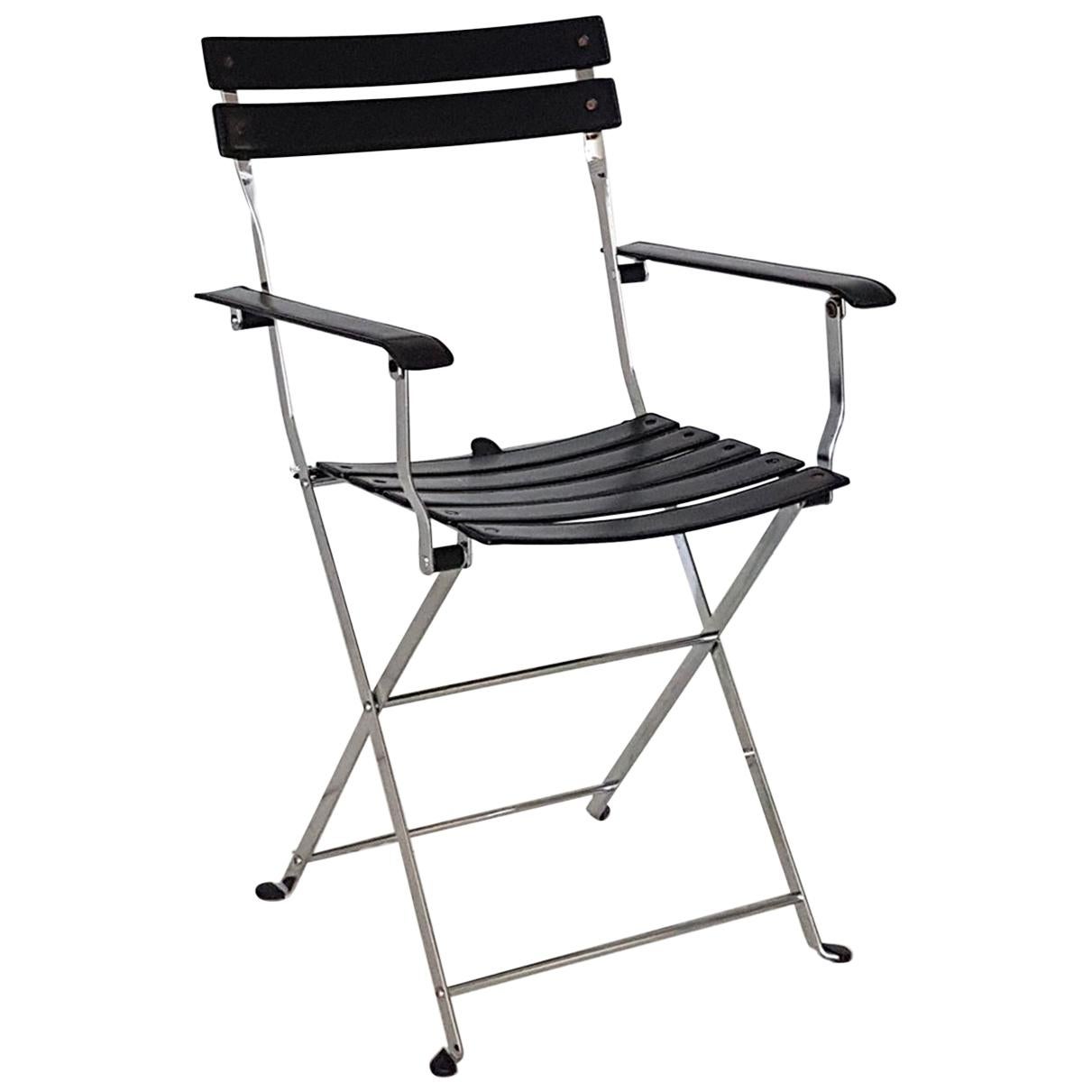 Marco Zanuso Italian Zanotta Black Leather Folding Chair with Steel Structure For Sale