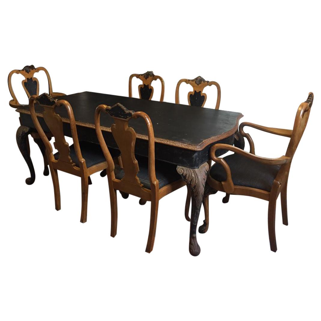 19th Century French Black Painted Dining Room Table with Six Walnut Seats, 1890s