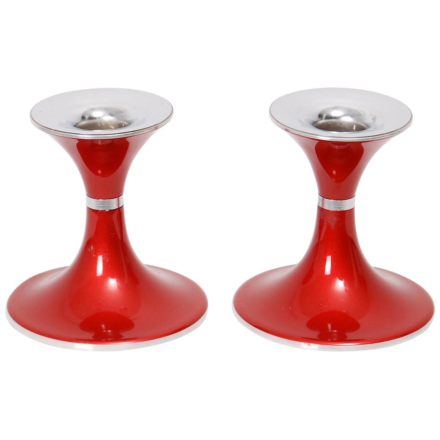 Mid-Century Modern Pair of Red Enamel Candlesticks by Emalox Norway, 1960s