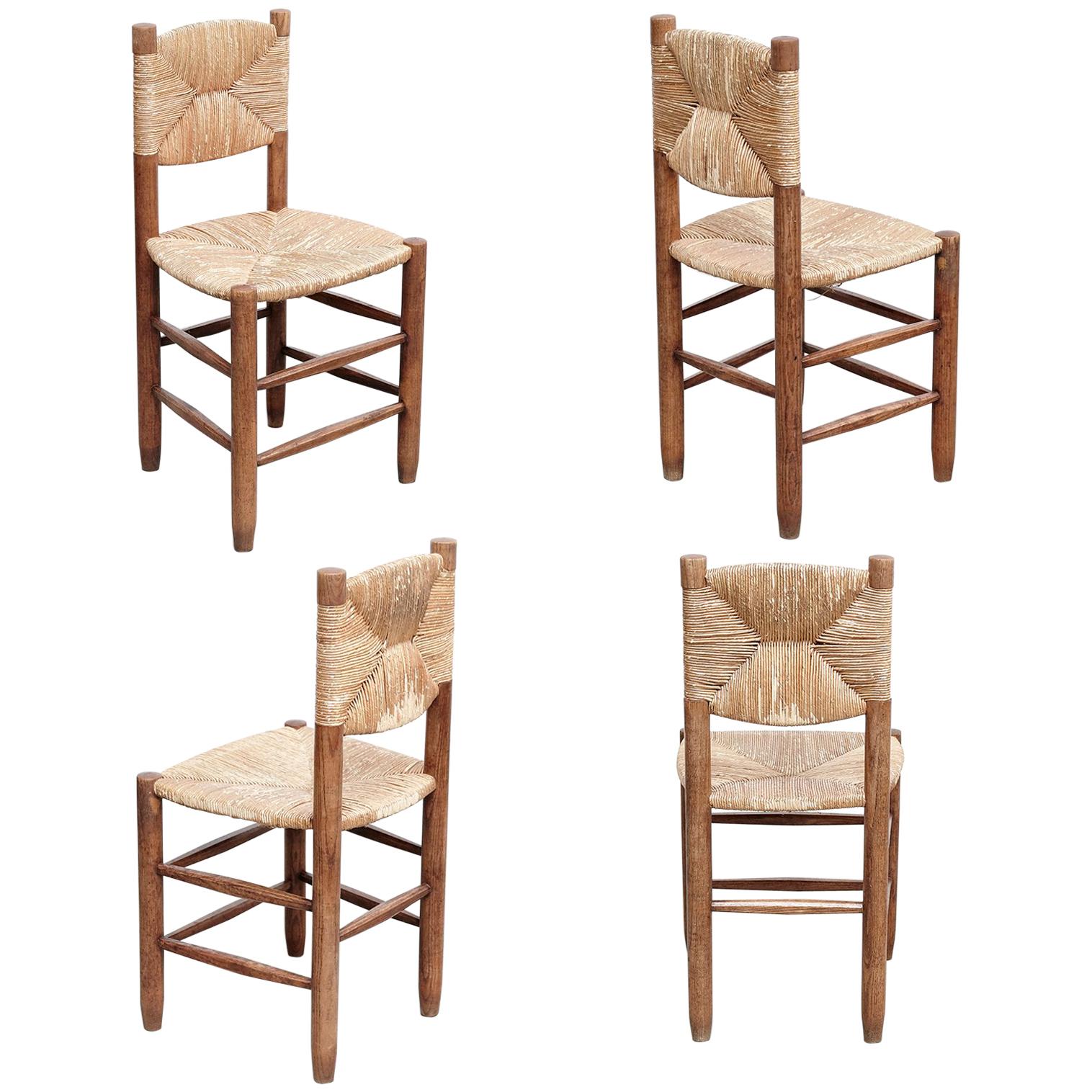 Set of 4 Charlotte Perriand Mid Century Modern, Oak Ratta Model 19 Bauche Chairs