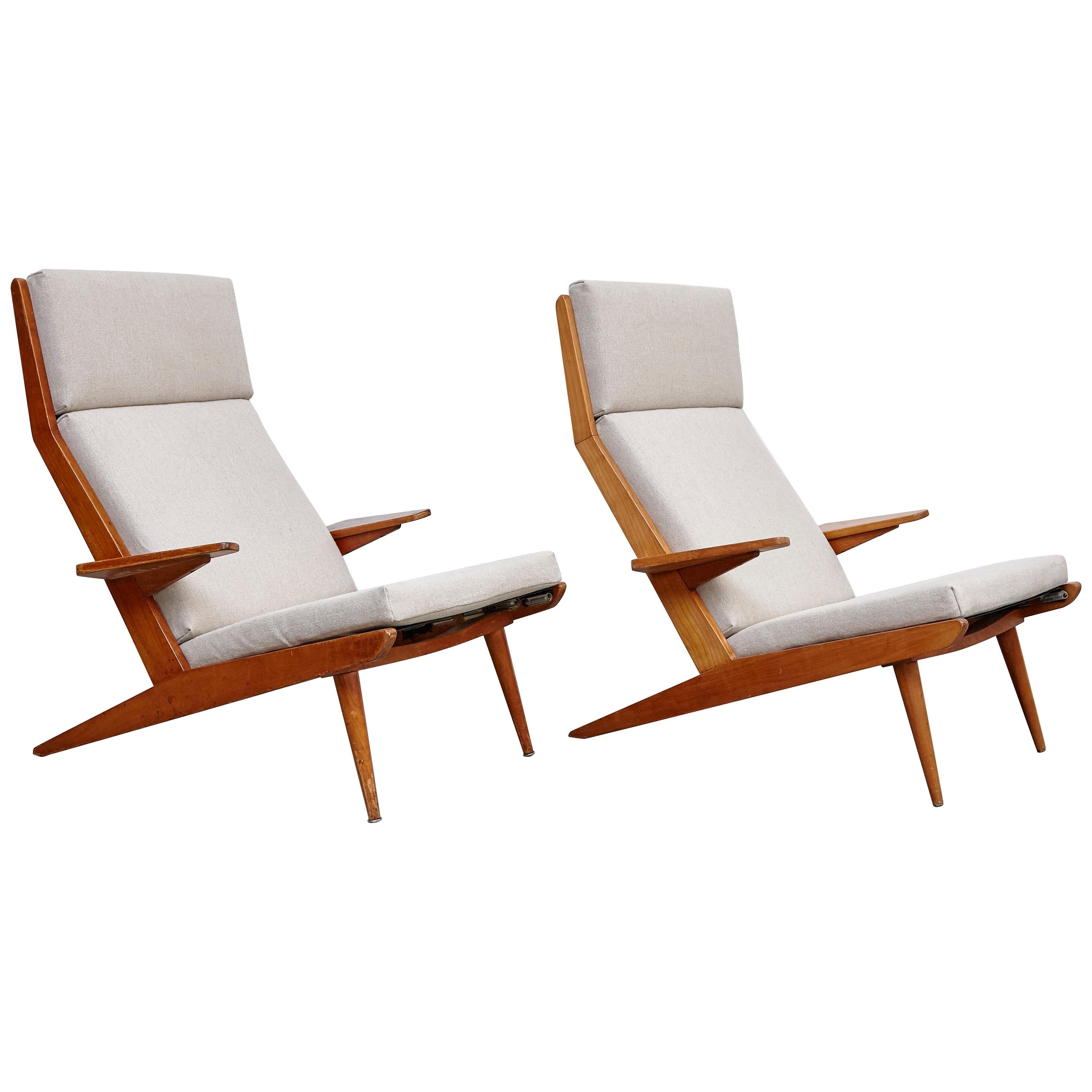 Pair of Koene Oberman, Mid Century Modern, Wood High Back Lounge Chair, 1960