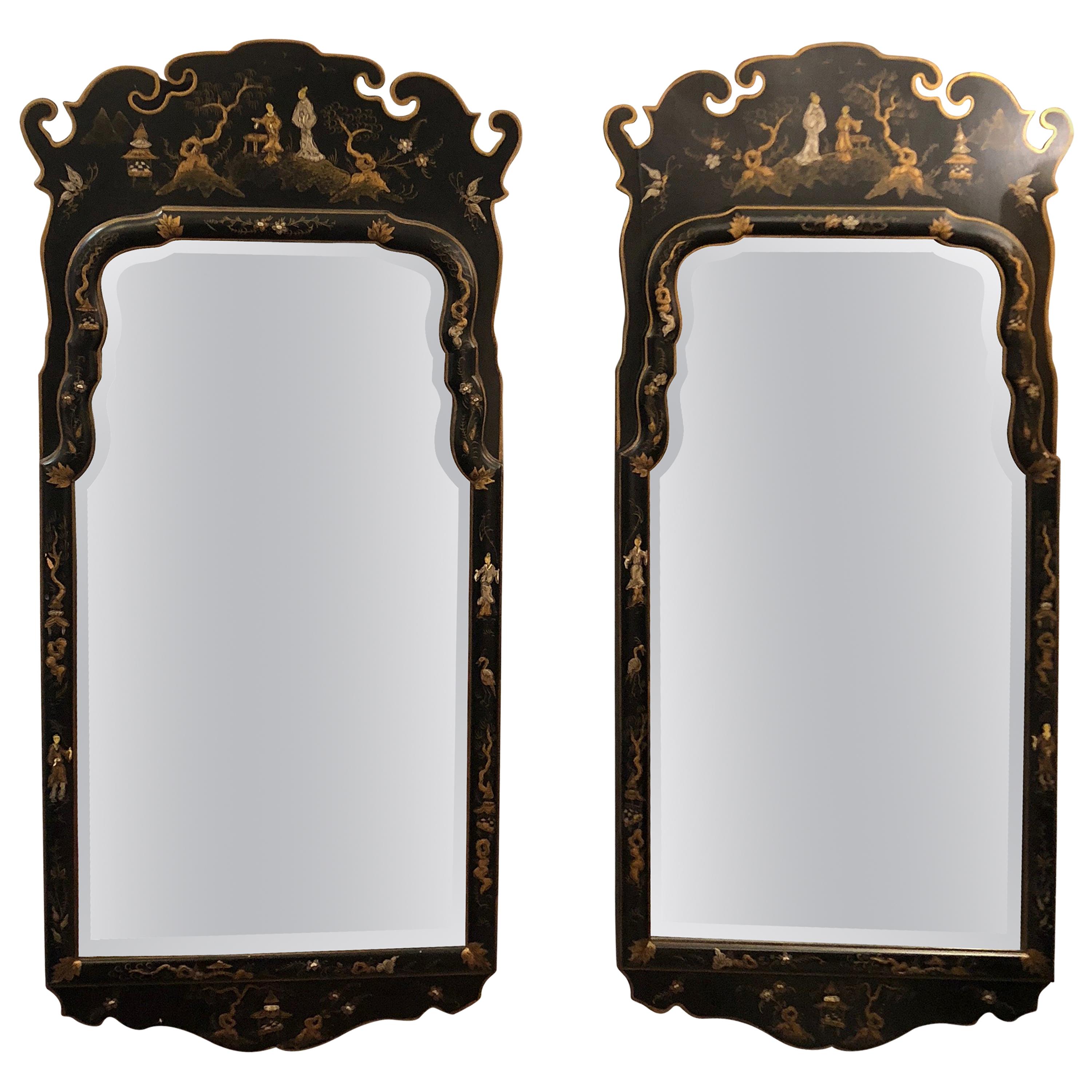 Pair of Sensational Chinoiserie Mirrors in Black and Gold