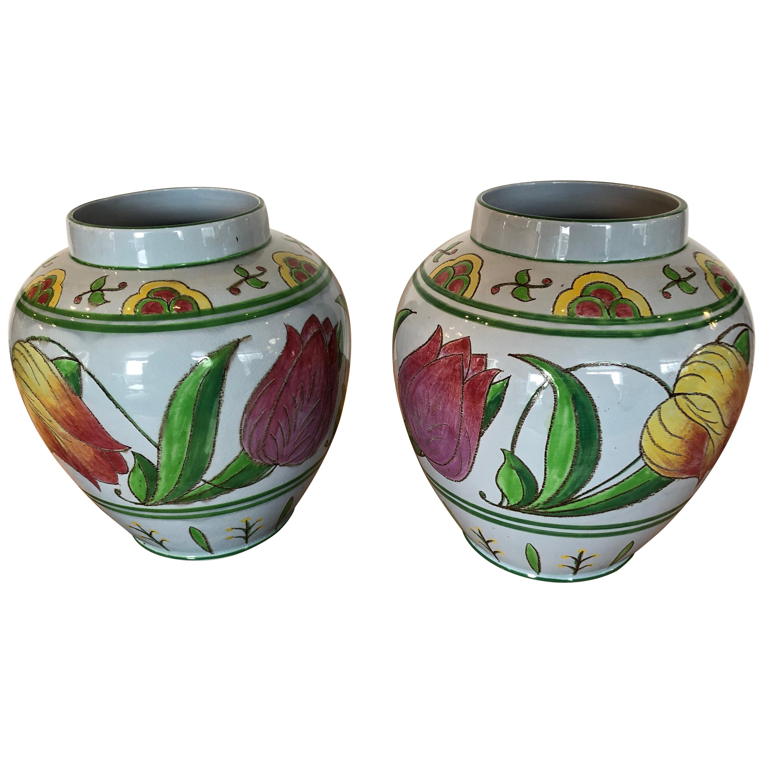 Pair of Happy English Tulip Decorated Cachepots Flowerpots Jardinaires