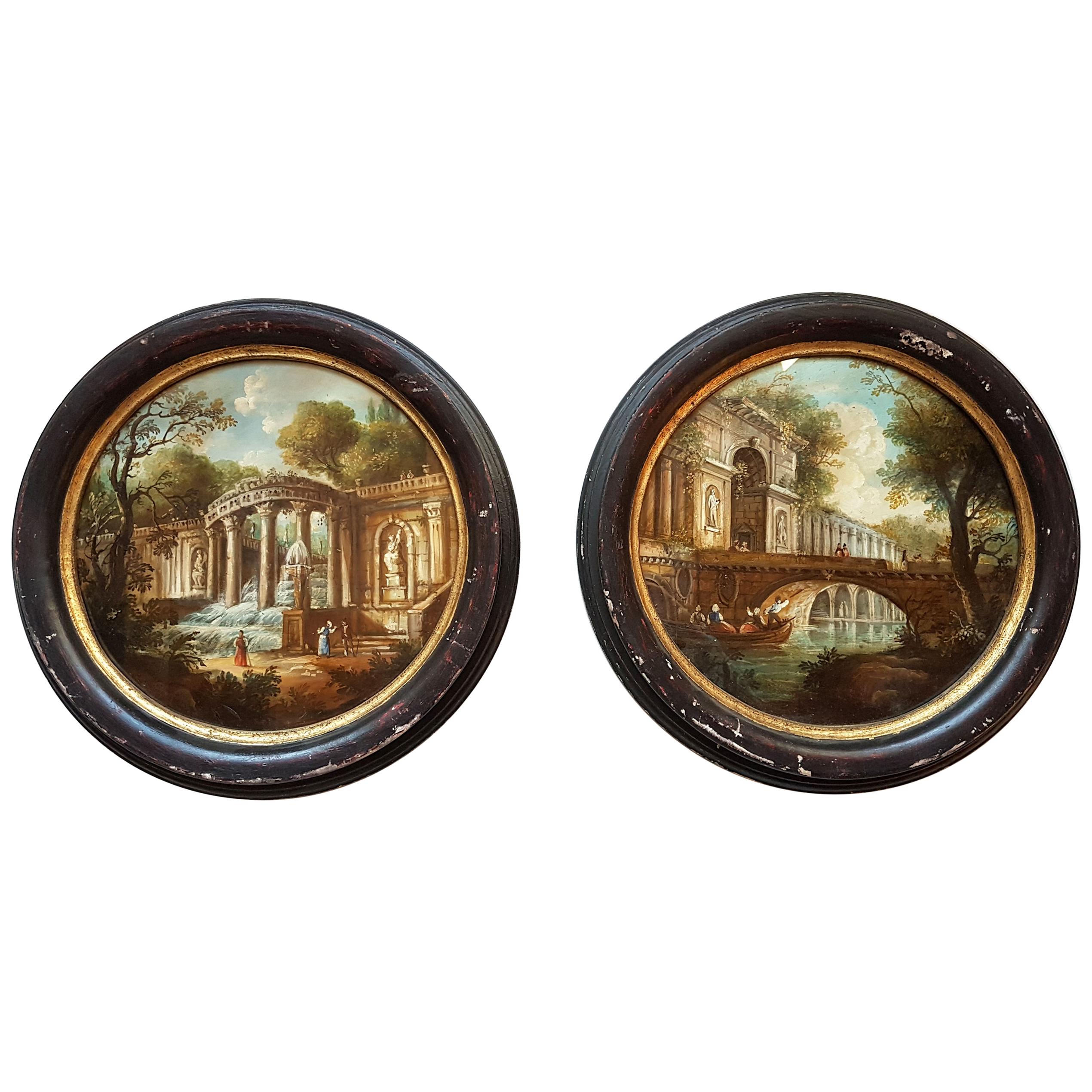 Pair of Italian Round Oil Paintings on Brass with 18th Century Decor circa 1960s
