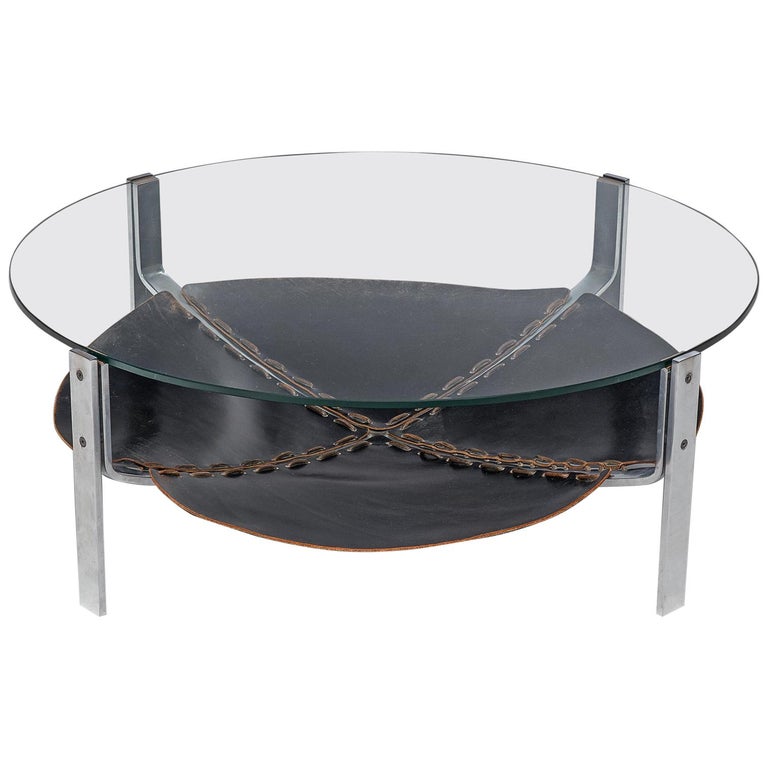 Coffee Table with Glass Top and Leather Inlay at 1stDibs