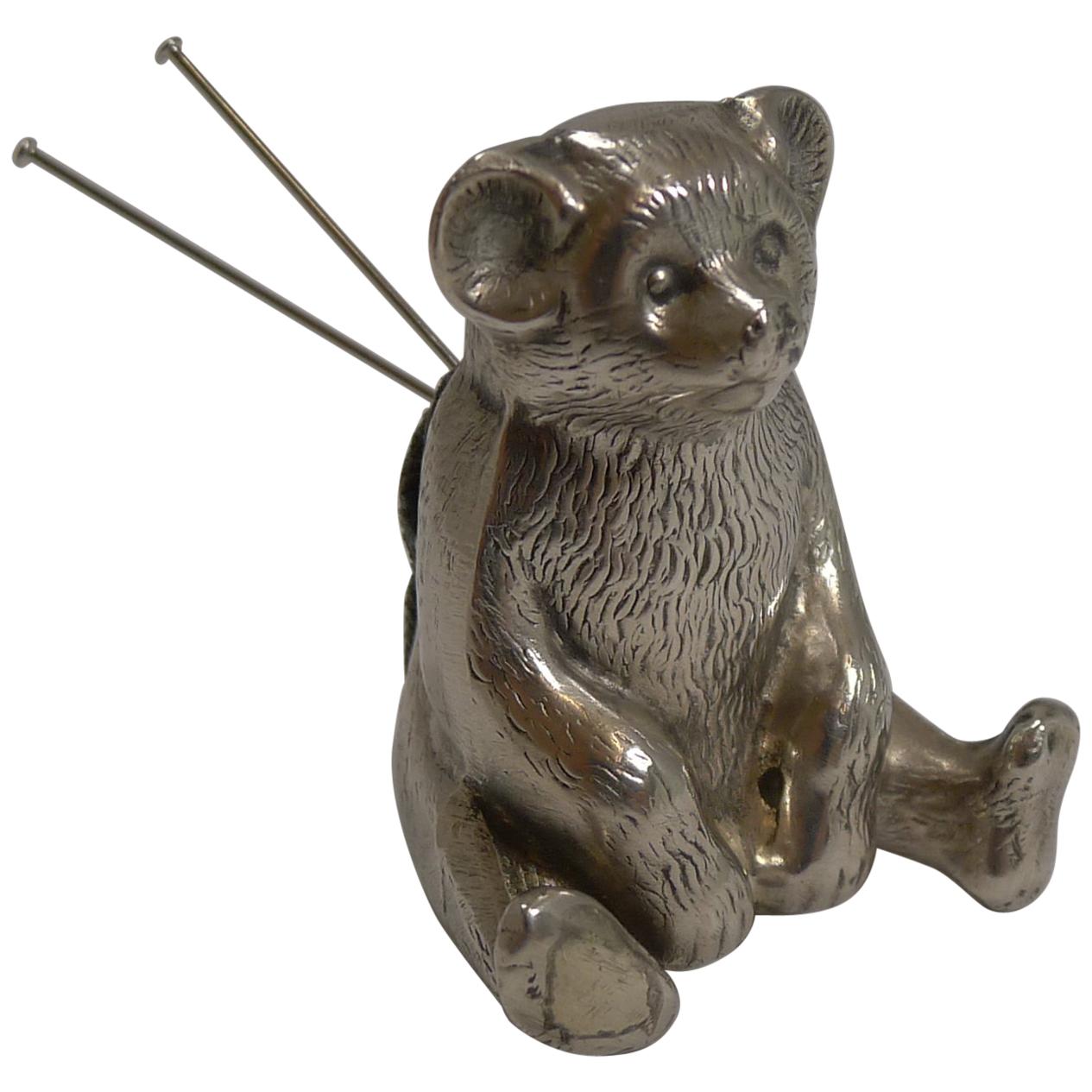 Antique English Novelty Pin Cushion in Sterling Silver Teddy Bear, 1909