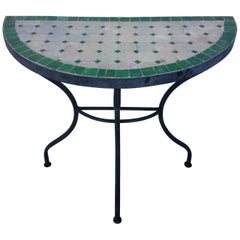 Natural with Green Trim Moroccan Mosaic Side Table, Half-Moon
