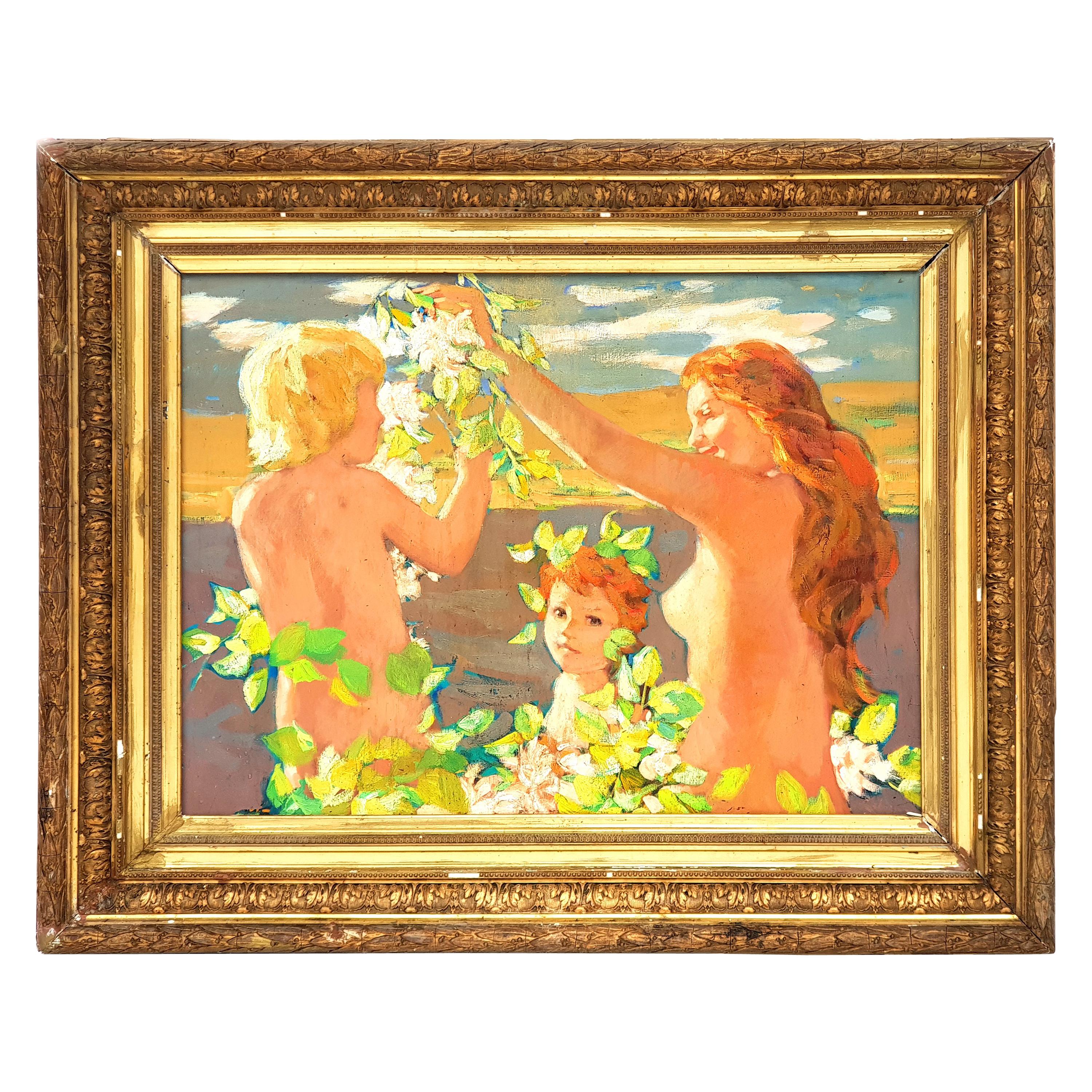 Art Nouveau Oil Painting, Bathing Youths, 1910s