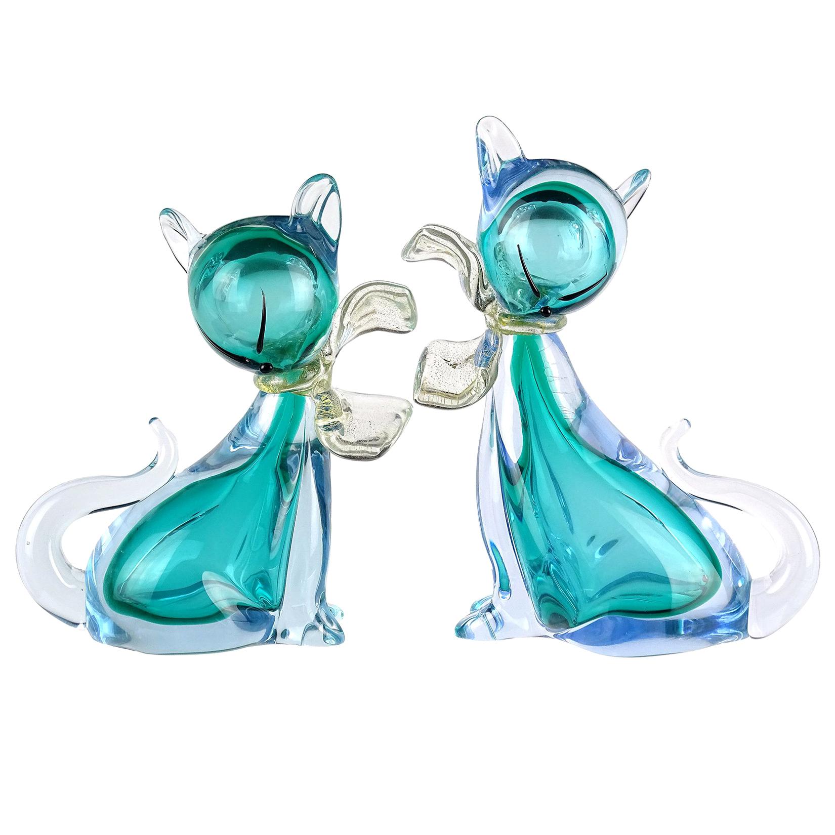 Alfredo Barbini Murano Sommerso Aqua Blue Italian Art Glass Kitty Cat Figurines
