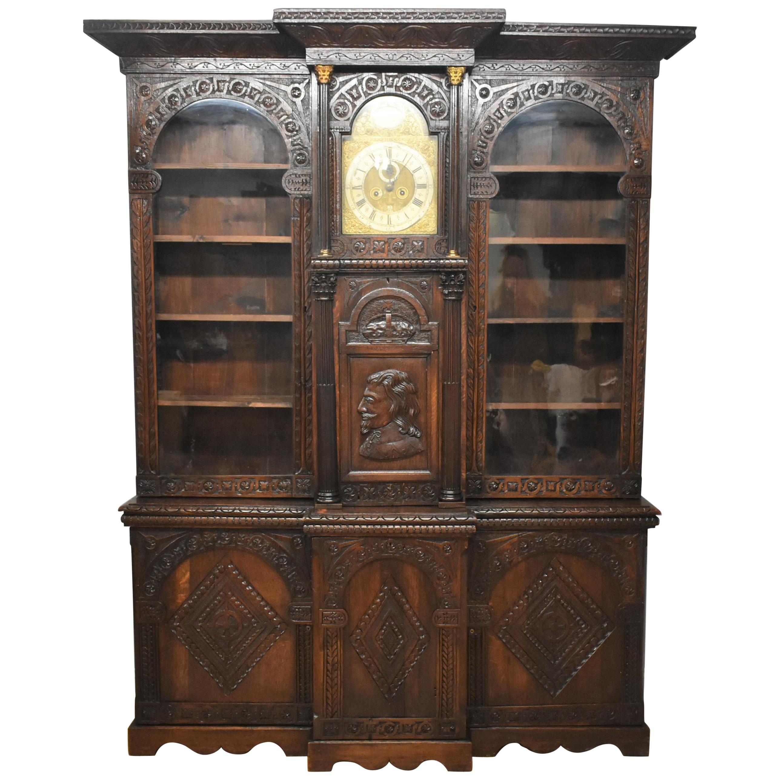 Victorian Carved Oak Cabinet or Bookcase with Phil Walton Devizes Clock