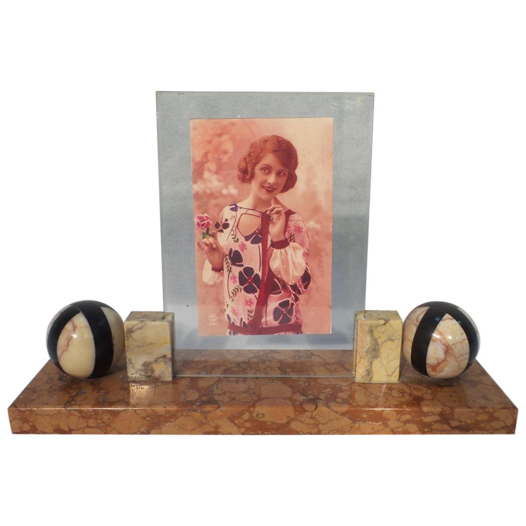 Art Deco Large Photo Frame French with Striped Marble Balls, circa 1930 For Sale
