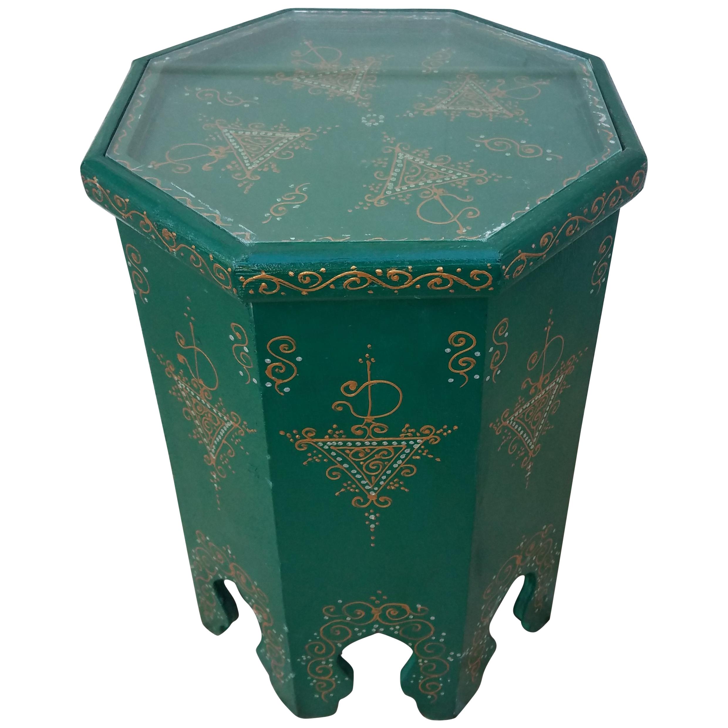 Large Hexagonal Moroccan Hand-Painted Side Table, Green For Sale