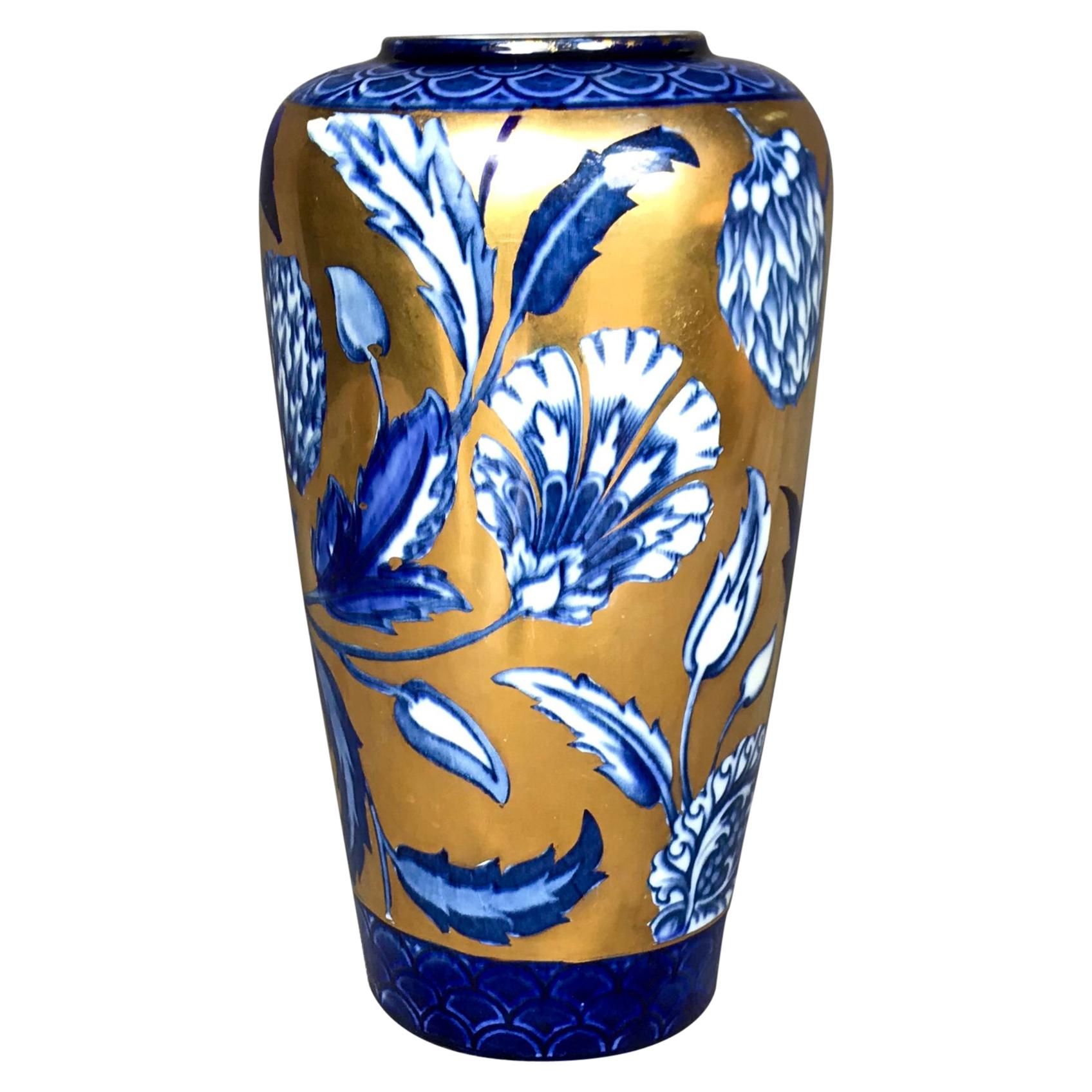 Blue, White and Gilt Floral Vase For Sale