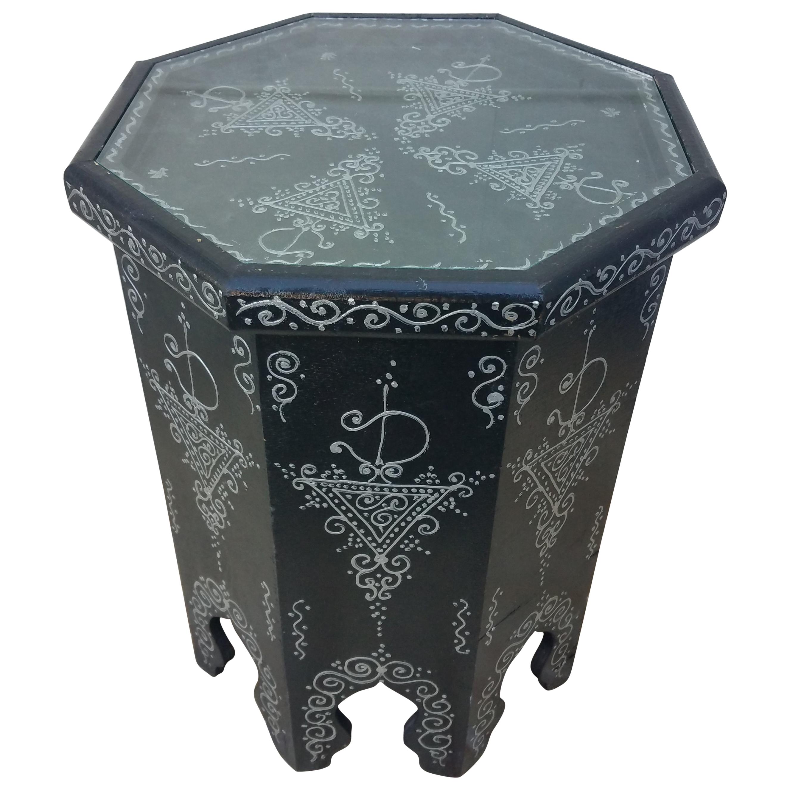 Large Hexagonal Moroccan Hand Painted Side Table, Black 1 For Sale