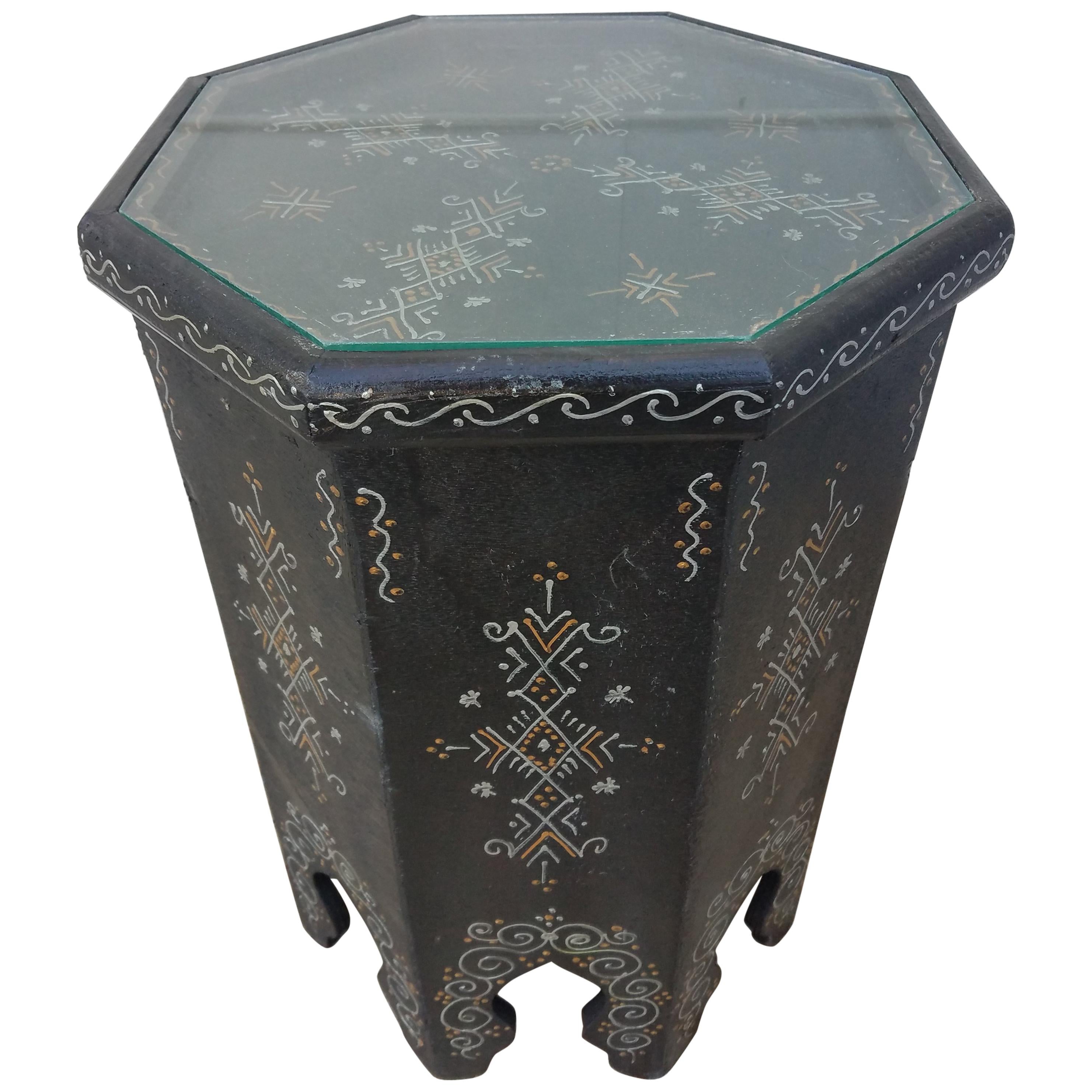 Large Hexagonal Moroccan Hand Painted Side Table, Black 2 For Sale
