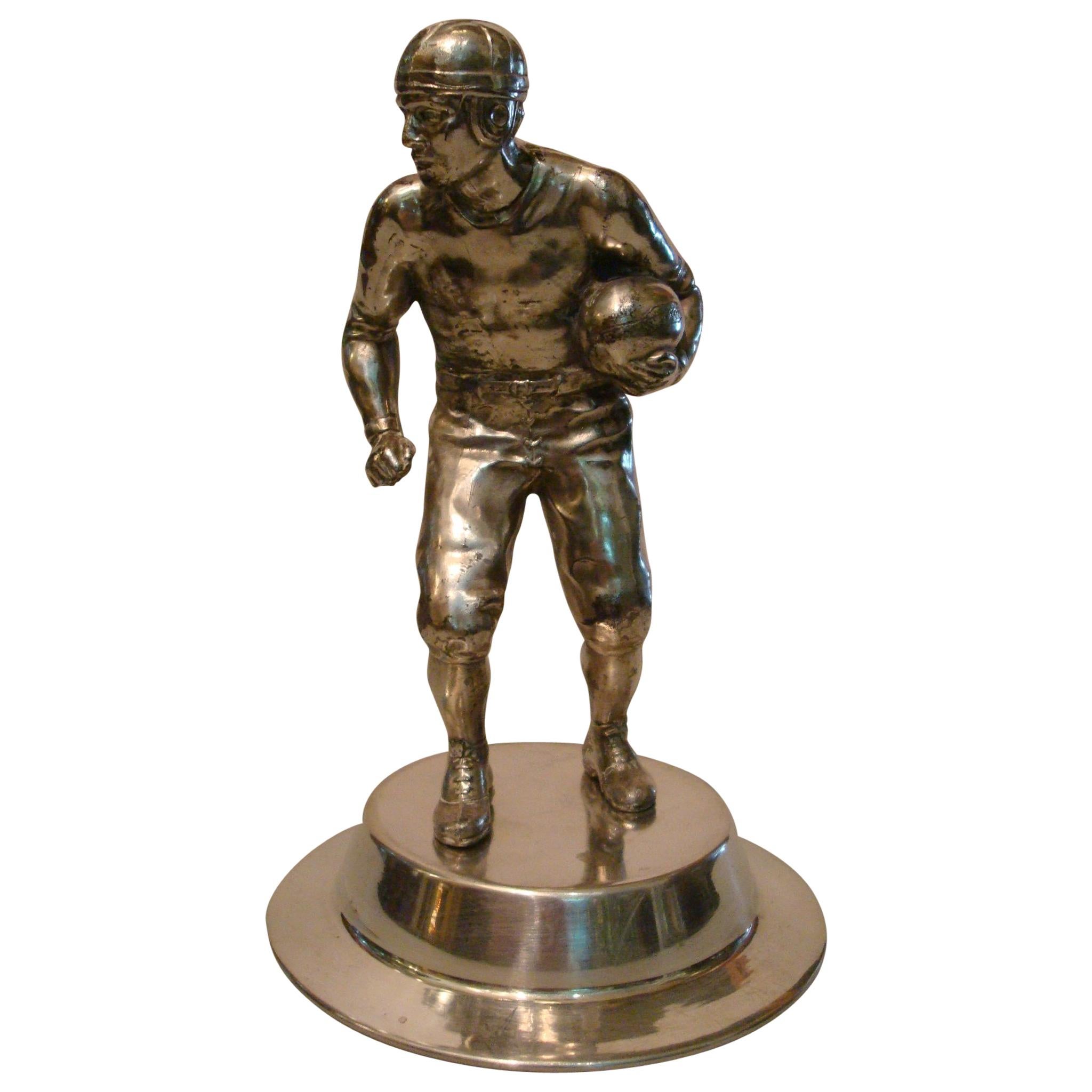 American Football Sculpture/Trophy, Desk Piece, Silvered Metal, 1930s