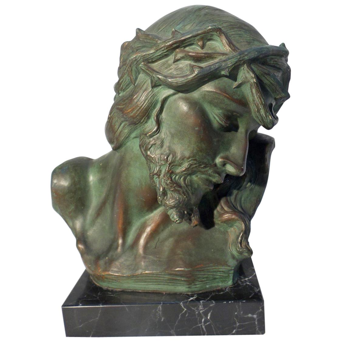 Antique Terracotta Religous Jesus Bust on Marble Base Signed by Belgian S Maton For Sale