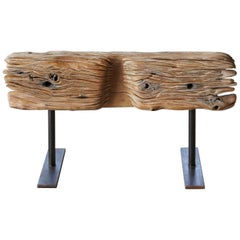 Bank - Bench by Hanni Dietrich - Carved Oak Mounted on Welded Black Iron Legs