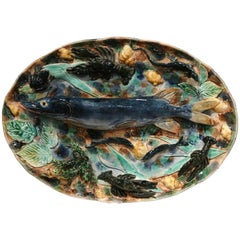 Antique 19th Century French Hand Painted Ceramic Barbotine Fish Wall Platter