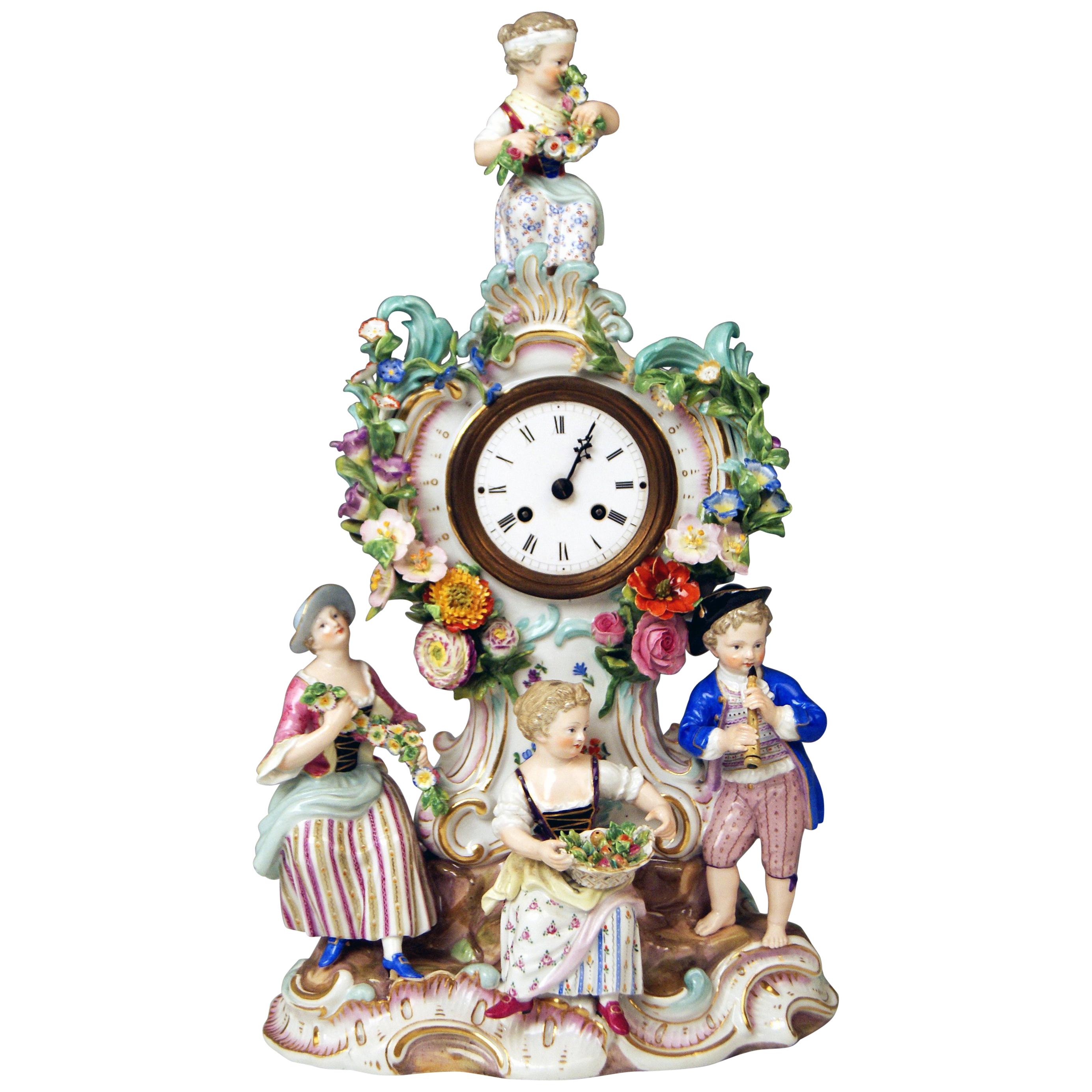 Meissen Mantle Table Clock Gardener Figurines Model 572 by Leuteritz, circa 1880