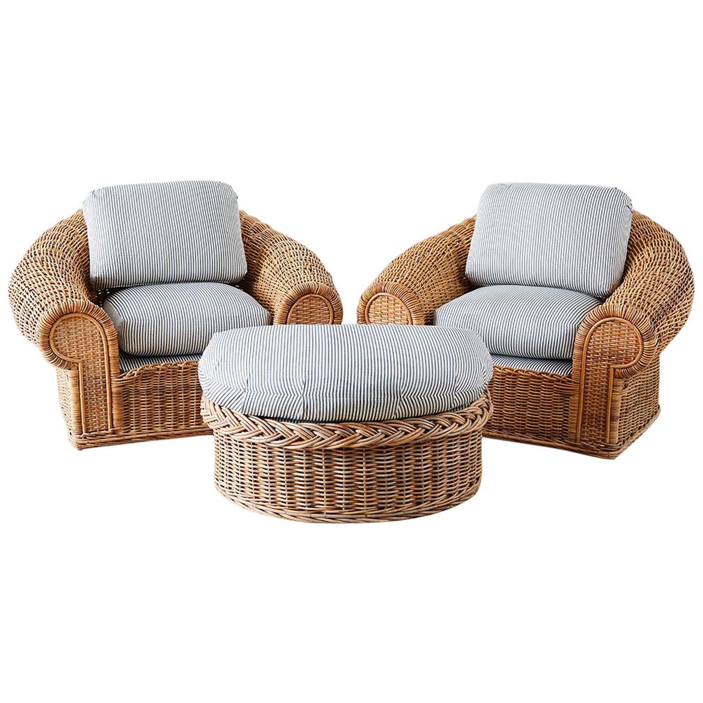 Michael Taylor Style Wicker Lounge Chairs with Ottoman