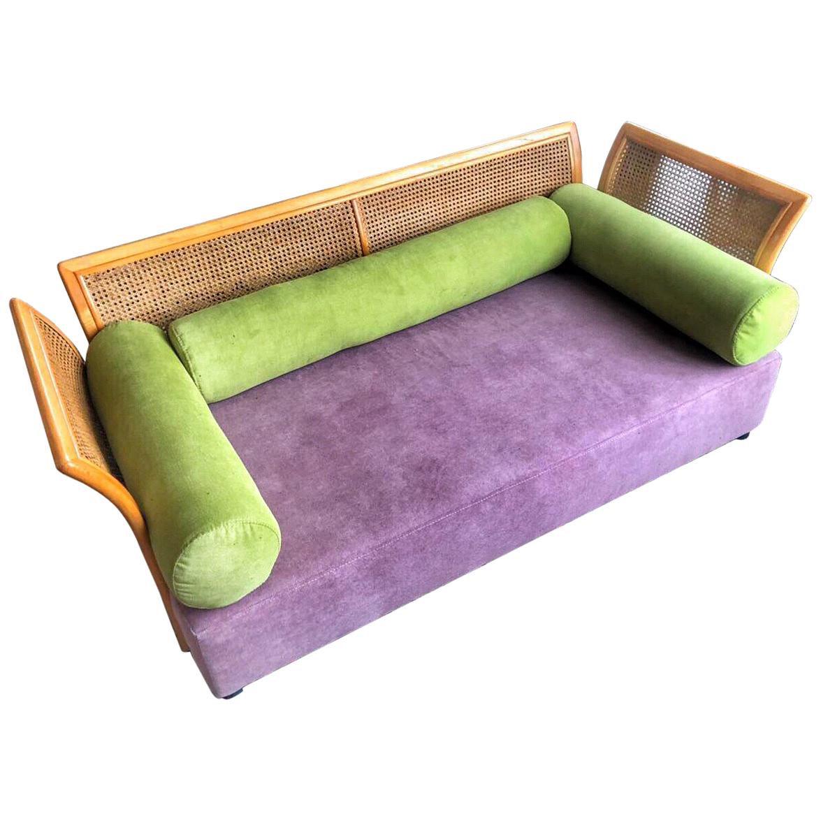 Cane Settee Purple Green New Upholstery, Mid-Century Modern, Italy