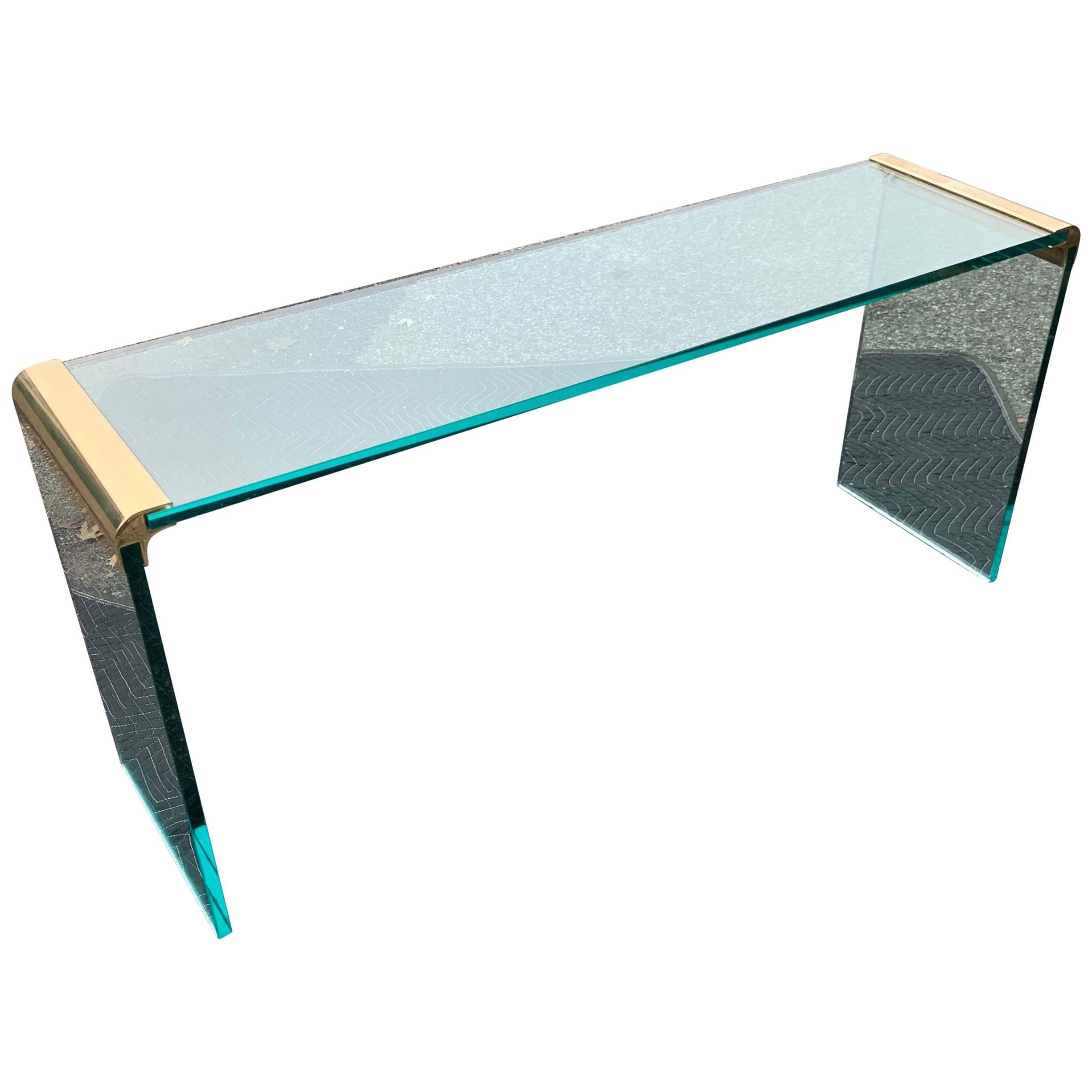 Narrow Mid-Century Modern Brass 3/4” Glass Top Waterfall Console Table by Pace