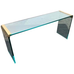 Narrow Mid-Century Modern Brass 3/4” Glass Top Waterfall Console Table by Pace