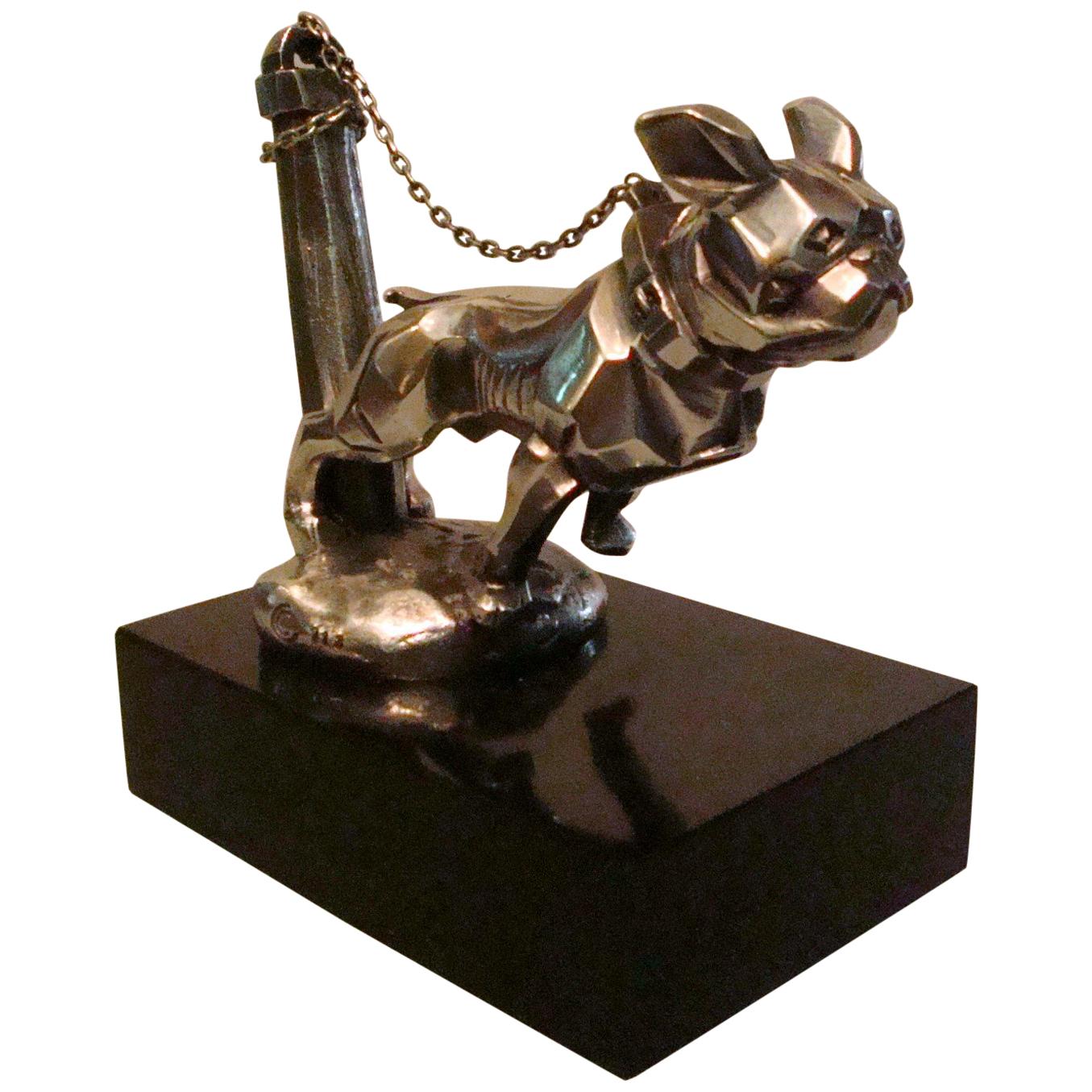 Art Deco Car Mascot, Chained French Bulldog, Hood Ornament, France 1920s
