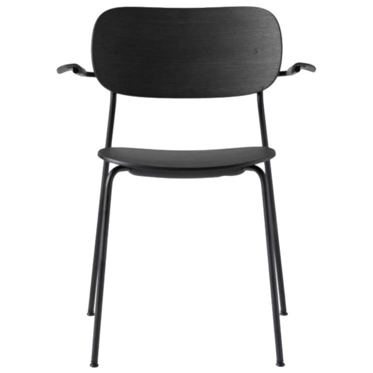 Co Chair, Wood Seat with Armrest, Black Oak Seat/Black Legs For Sale